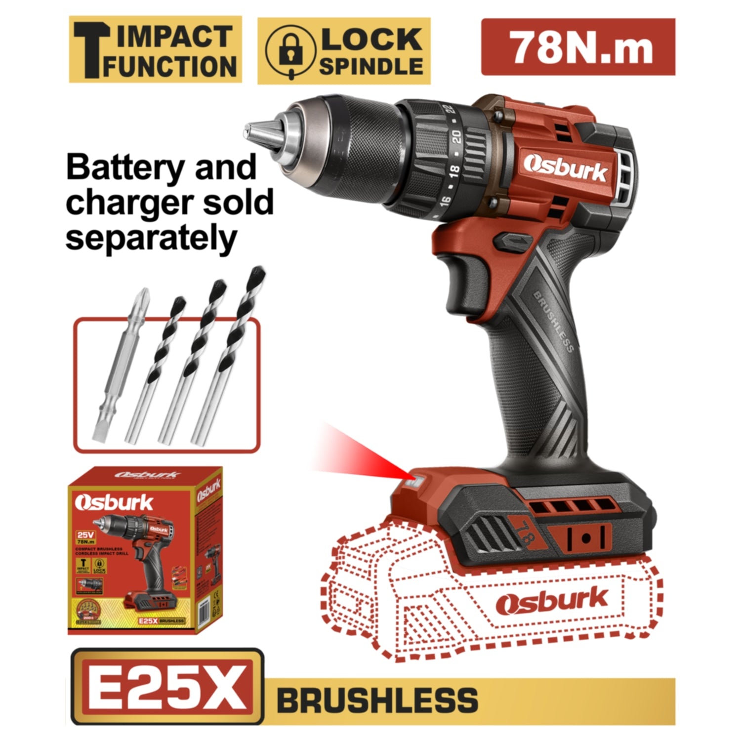 Taladro drill Inalámbrico 1/2" 25V Función Impacto. Motor Sin Escobillas. 78Nm. No Incluye Batería Ni Cargador.