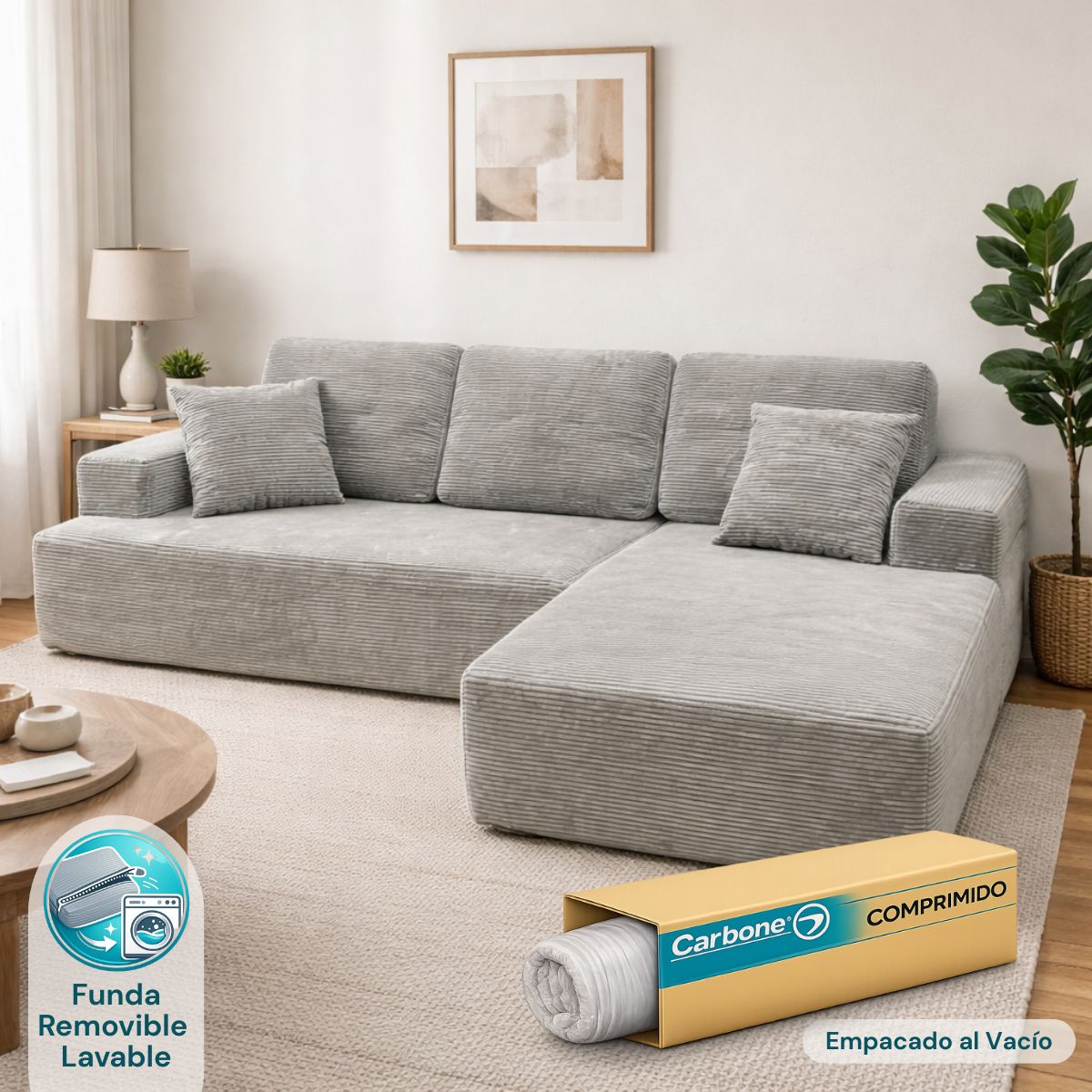 Sofá Seccional en L empacado al vacio Memory Foam de alta densidad 175X92X82cm
+170X93X82cm Color Light gray