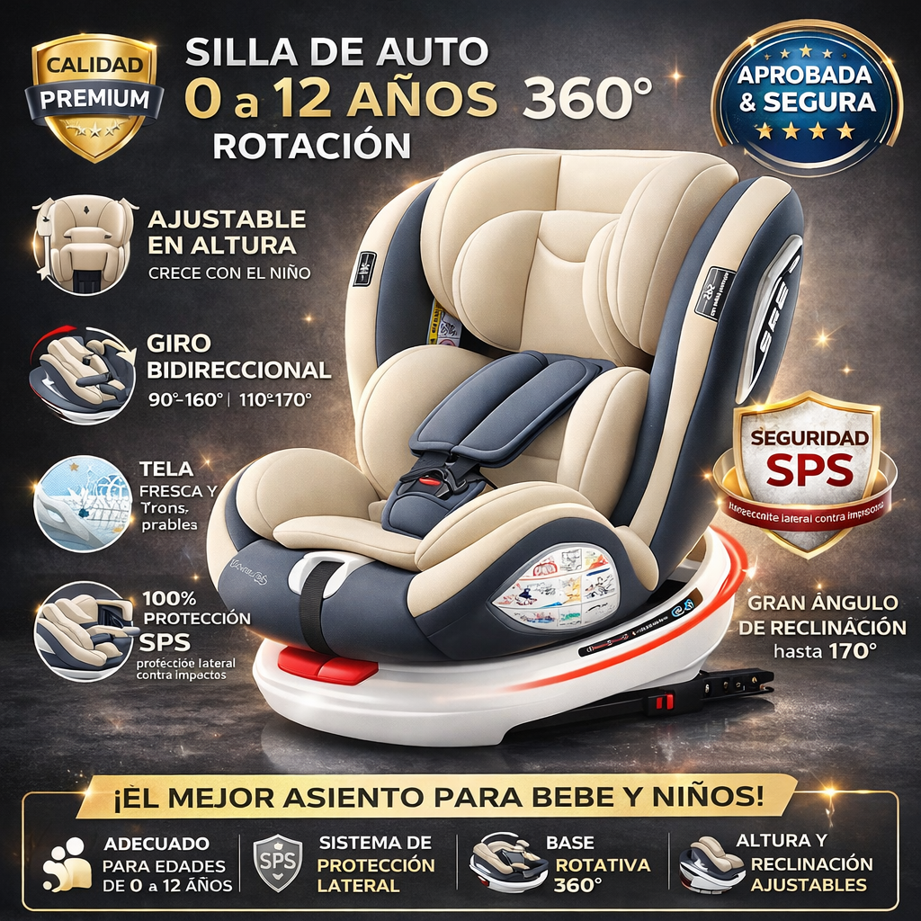 Silla de Auto para Bebé 360° Reclinable hasta 170°. Asiento de Seguridad Infantil Convertible de 0 a 12 Años.