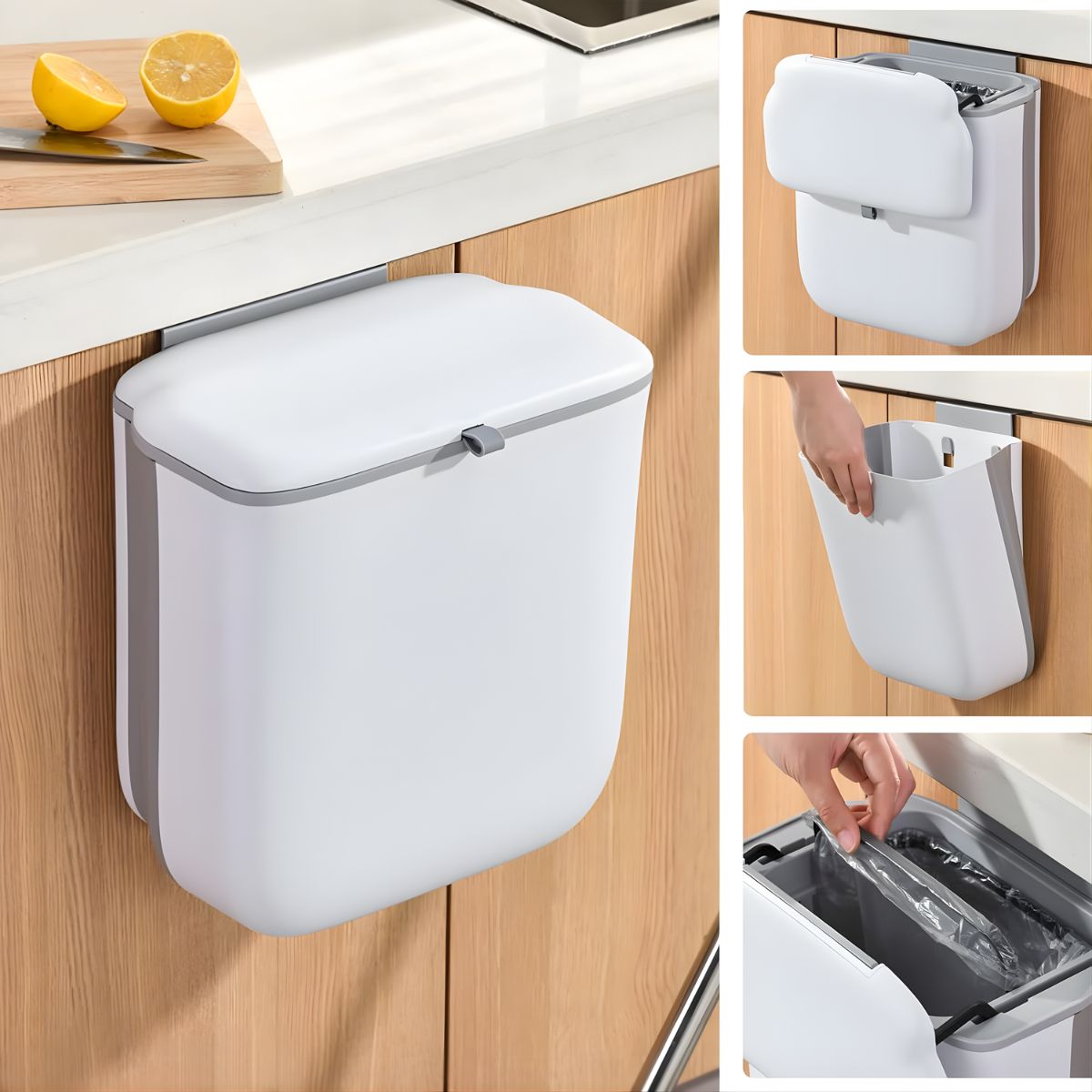Basurero Plegable (9L) para Cocina. Bote de Basura Montado en Pared o Gabinete. Tinaco con Tapa de Doble Apertura. Papelera.