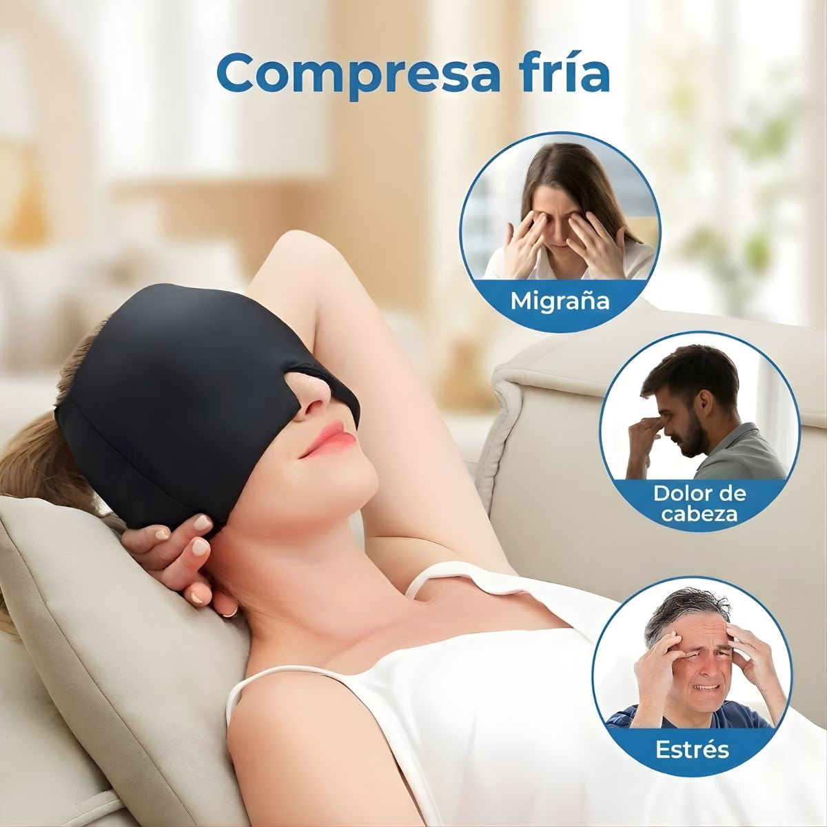 Máscara de Gel Frío 360° para Migraña y Dolor de Cabeza. Compresa Fría para Ojos Hinchados, Sinusitis y Relajación Profunda.