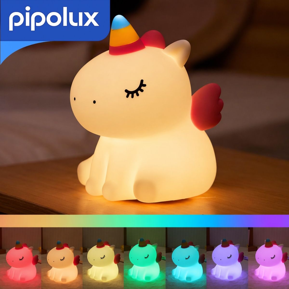 Lámpara LED Infantil Recargable de Unicornio RGB con Control Táctil y Batería 800mAh de Silicona de Grado Alimenticio . Luz Nocturna Multicolor USB-C (9.5X13X14cm)