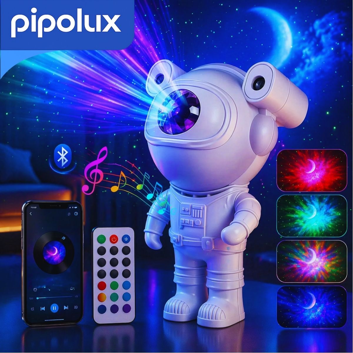 Proyector de Estrellas RGB y Bocina Bluetooth De Carga USB. Lámpara de Astronauta Decorativa para Habitación y Ambientación. 22x14x12cm