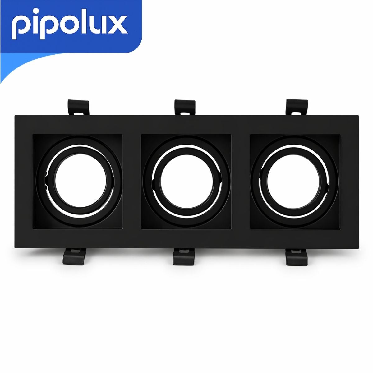 Aro Empotrable Triple Cuadrado para Ojo de Buey. Marco para 3 Focos Empotrables de Techo 10.6" (102x270x35mm) Color Negro