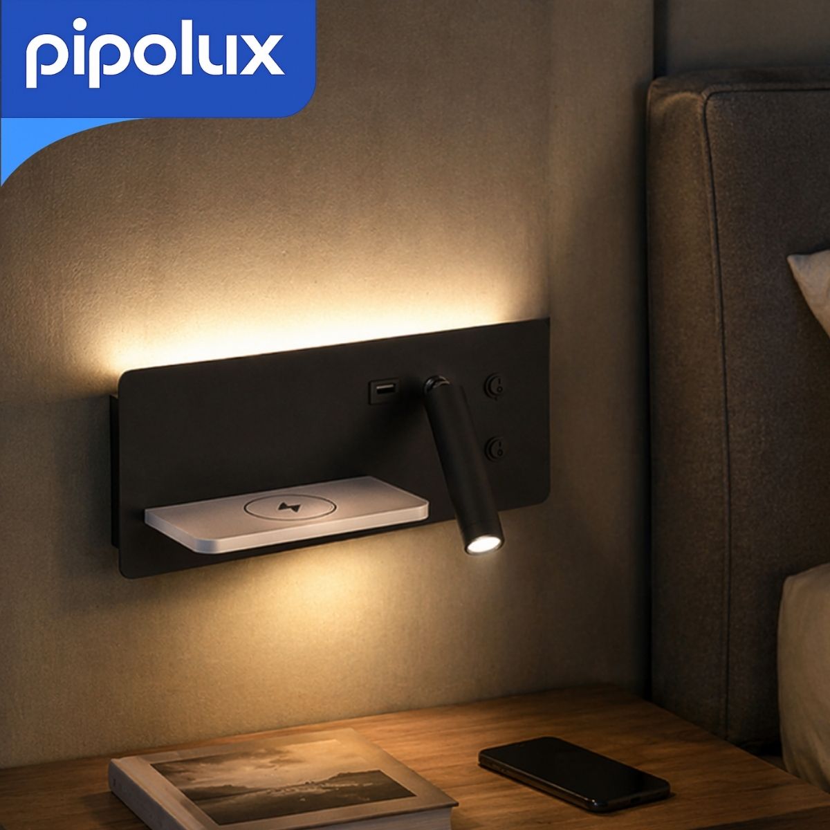 Lámpara de Pared LED 14W (11+3W) con Cargador Inalámbrico y Puerto USB y Tipo C. Aplique Moderno Luz Cálida de Hierro y Aluminio (230x110x120mm). Color Negro