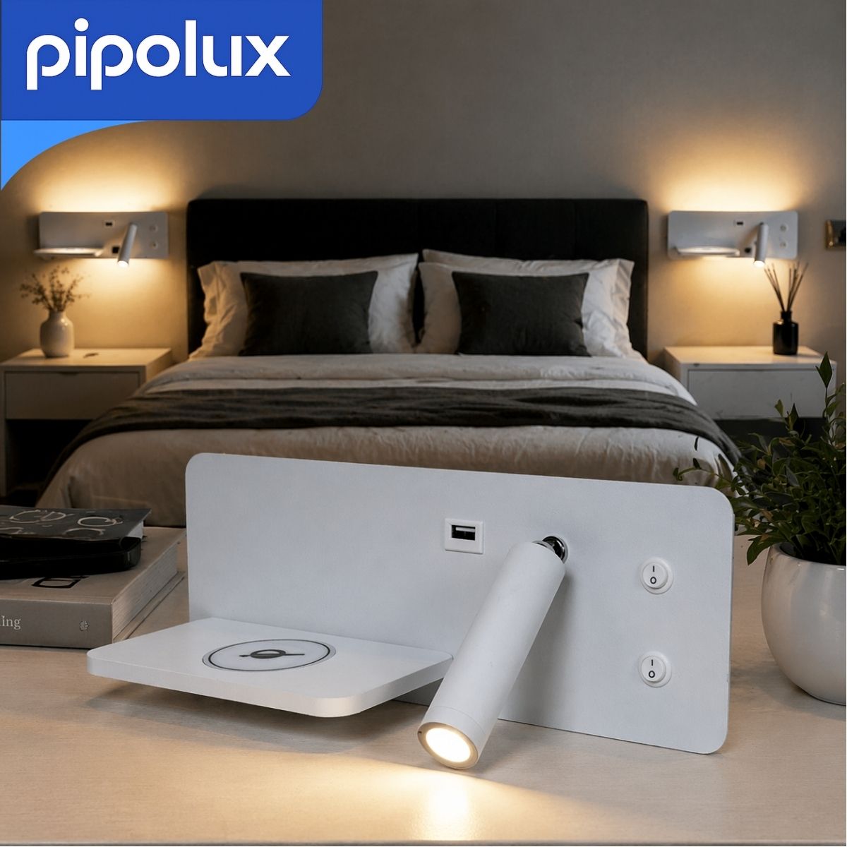 Lámpara de Pared LED 14W (11+3W) con Cargador Inalámbrico y Puerto USB y Tipo C. Aplique Moderno Luz Cálida de Hierro y Aluminio (230x110x120mm). Color Blanco