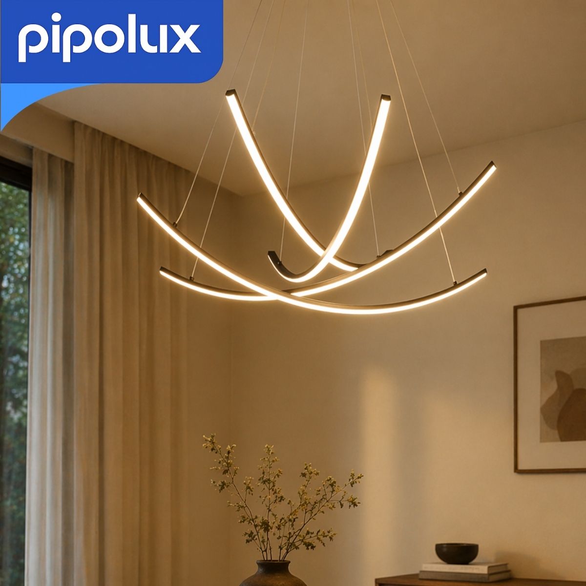 Lámpara Colgante LED Moderna Curva 38W con Luz Cálida de Hierro y Aluminio. Candil Decorativo Interior de Diseño Minimalista (800x1500mm)