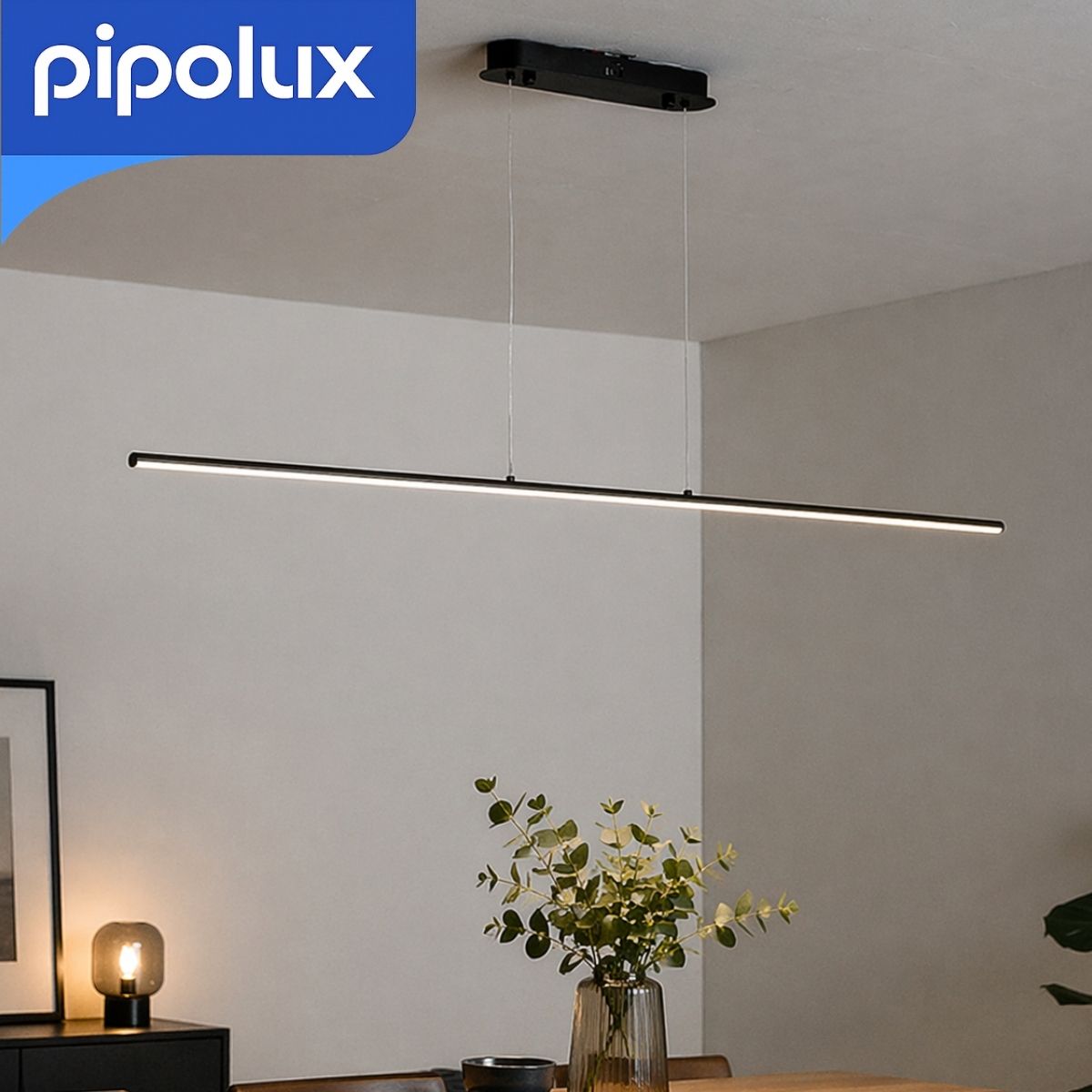 Lámpara Colgante LED Lineal 16W con Driver de Corriente Constante Monocromático de Hierro+Aluminio+PVC. Iluminación Interior Color Negro(1200x80x1200 mm)