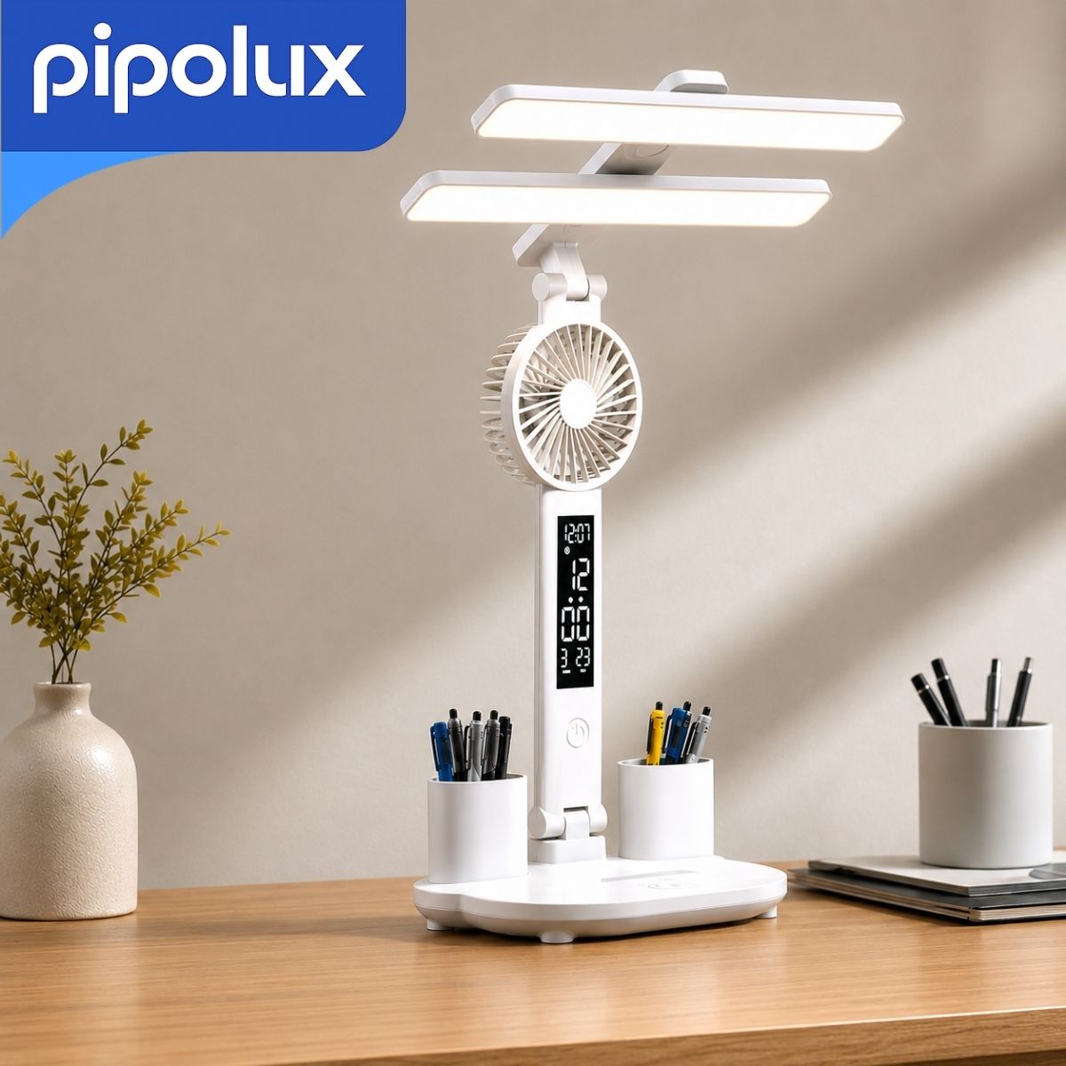 Lámpara de Escritorio LED Recargable con Abanico y Pantalla Digital. Luz con 3 Niveles de Intensidad y Reloj Digital. 9W, 2000mAh. Color Blanco.
