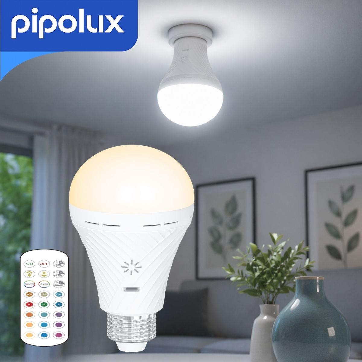 Foco LED Recargable con Control Remoto, Luz Blanca, 200 Lúmenes, Batería 2000mAh. Bombillo con Autonomía 3-9H, Alcance Control 4-6m (13cm)