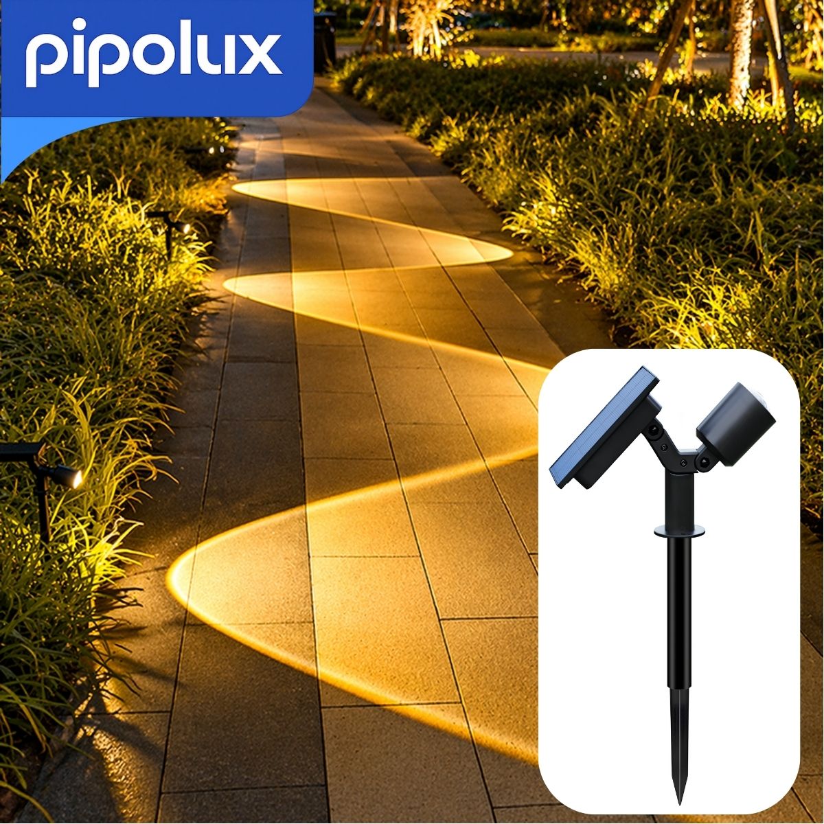 Lámpara Solar LED Doble Cabezal de 0.3W 3.7V. Luz Cálida de Jardín Batería 800mAh y 8 Horas Autonomía de ABS+Acrílico (40 cm). Color Negro