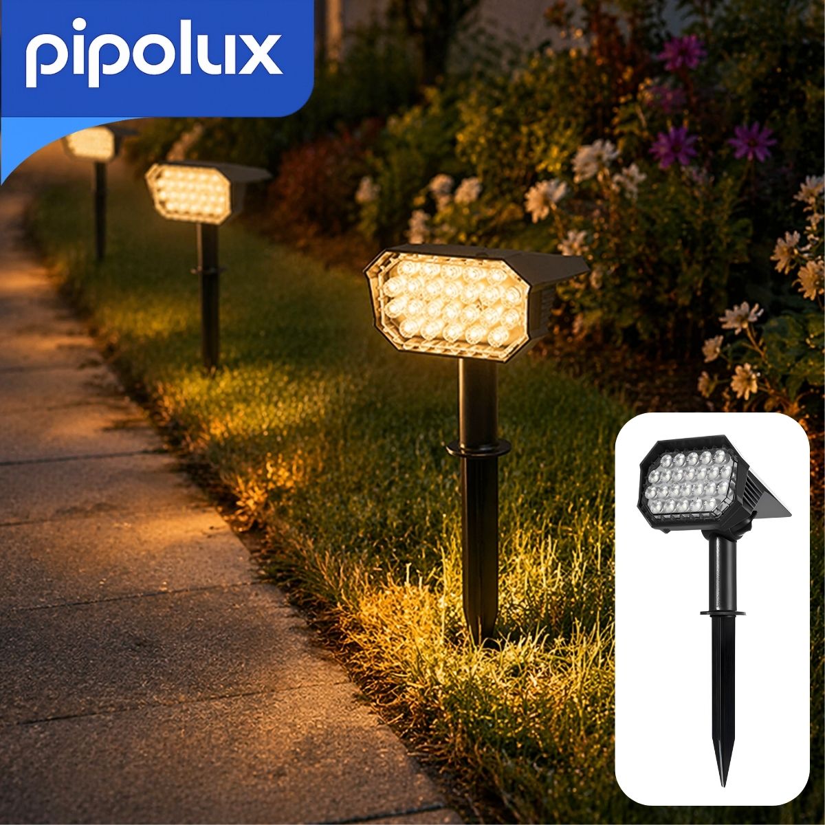 Reflector Solar LED Exterior 0.8W 3.2V, 3000K con Batería y 1800mAh, IPX5, De ABS+PC. Luz para Jardín y Paisajismo (10.2x12.6x27.9 cm) Color Negro