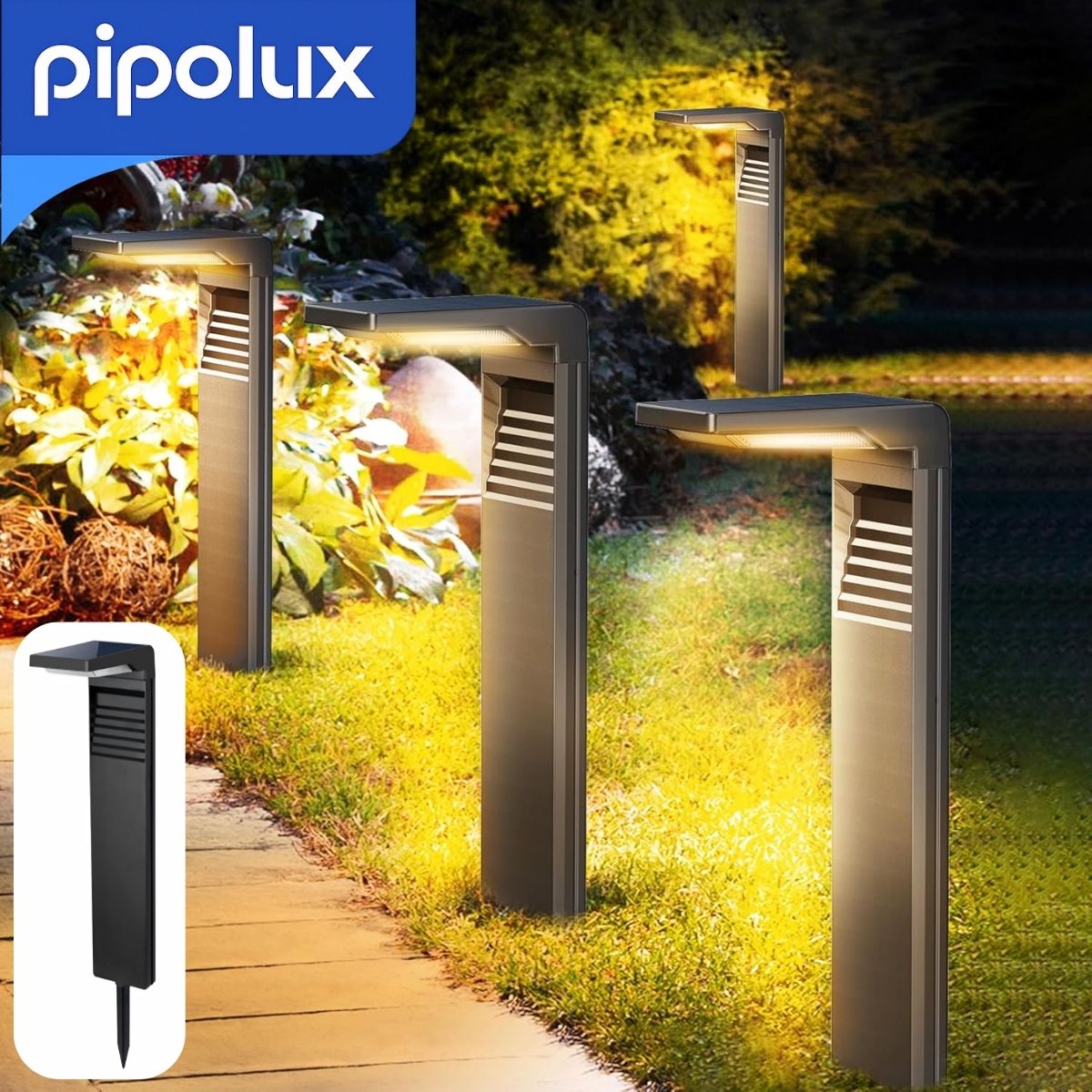 Lámpara Solar LED de Estaca Alta 1.5W 3.7V, Batería 2200mAh, ABS+PC. Iluminación Exterior Jardín Luz Cálida (162x90x413mm) Color Negro