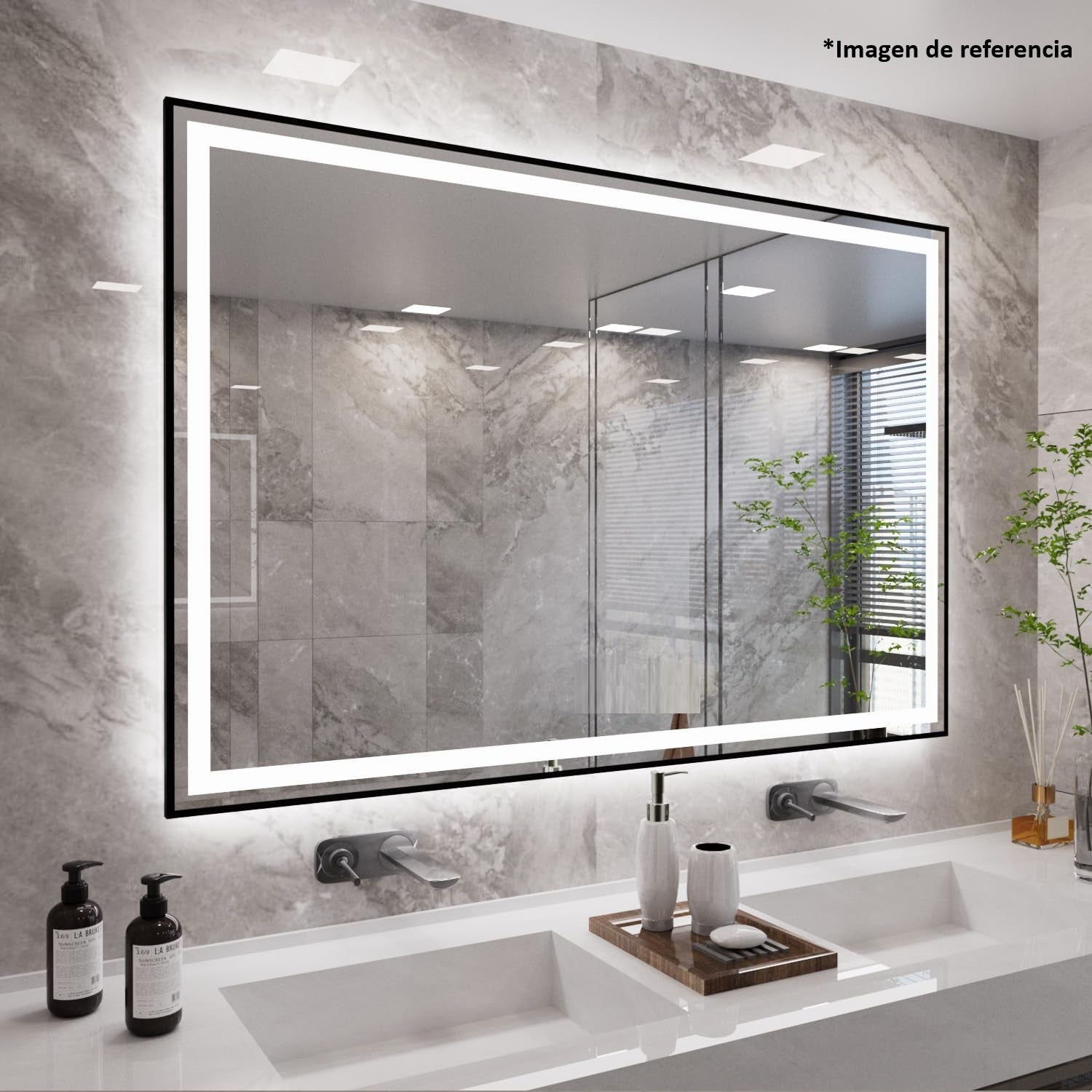 Espejo LED Borde Negro 60x80 cm luz LED de 3 tonos botón táctil funciona para instalación Vertical y Horizontal