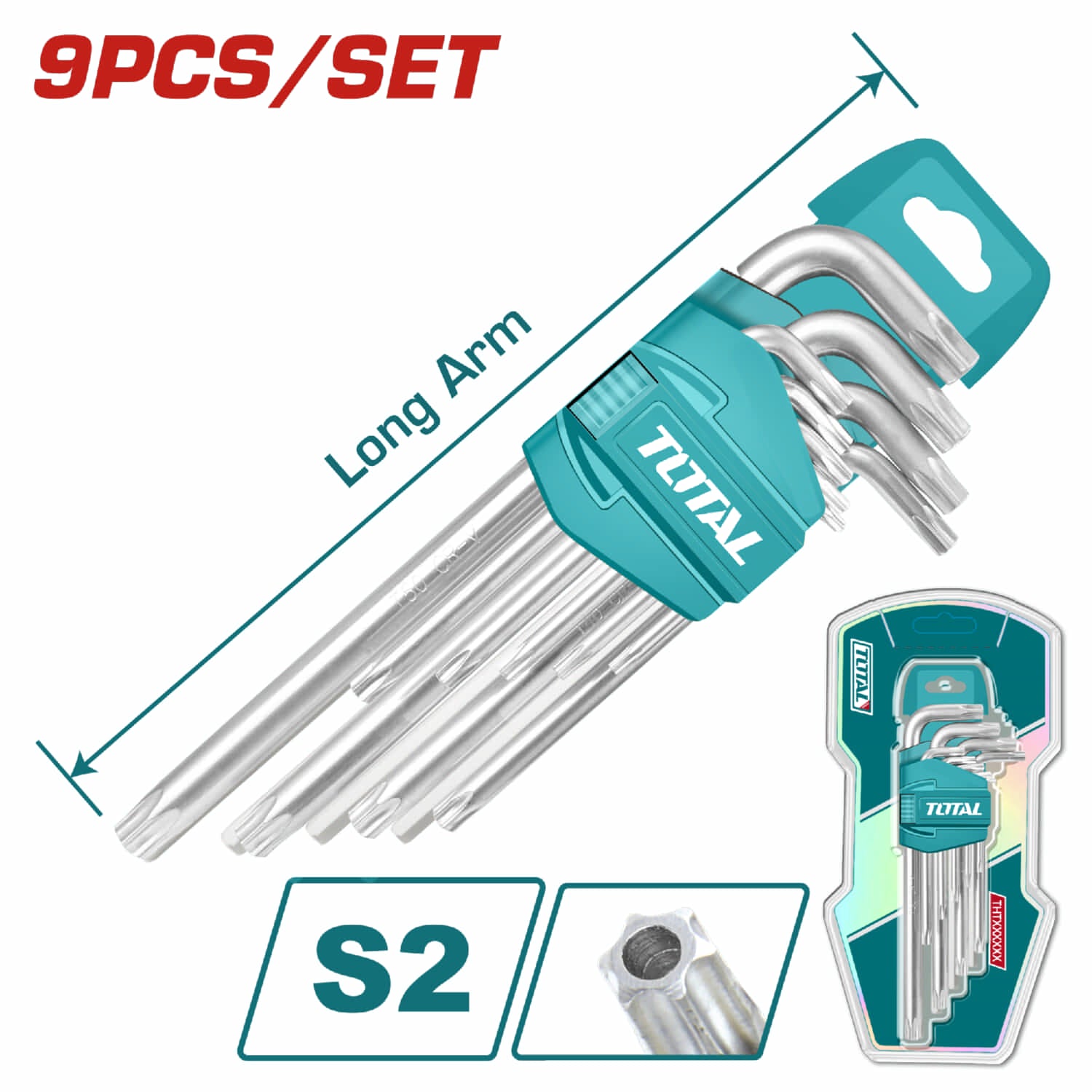 Juego de llaves Torx de brazo largo de 9 piezas. Medidas: T10-T50. Material: Cr-V,