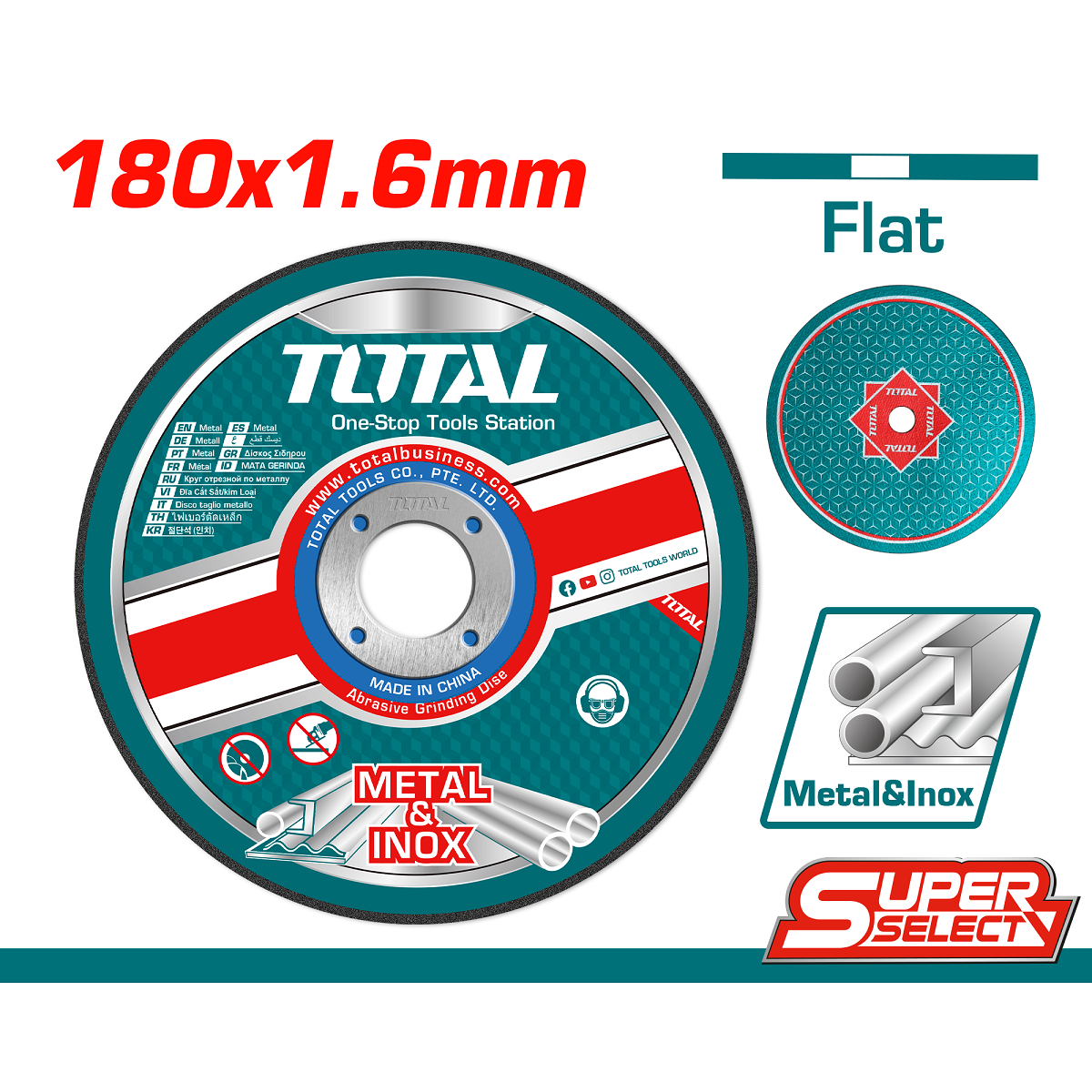 Disco de corte para metal plano 180 (7") X 1.6 (1/16") X 22.2mm (7/8")