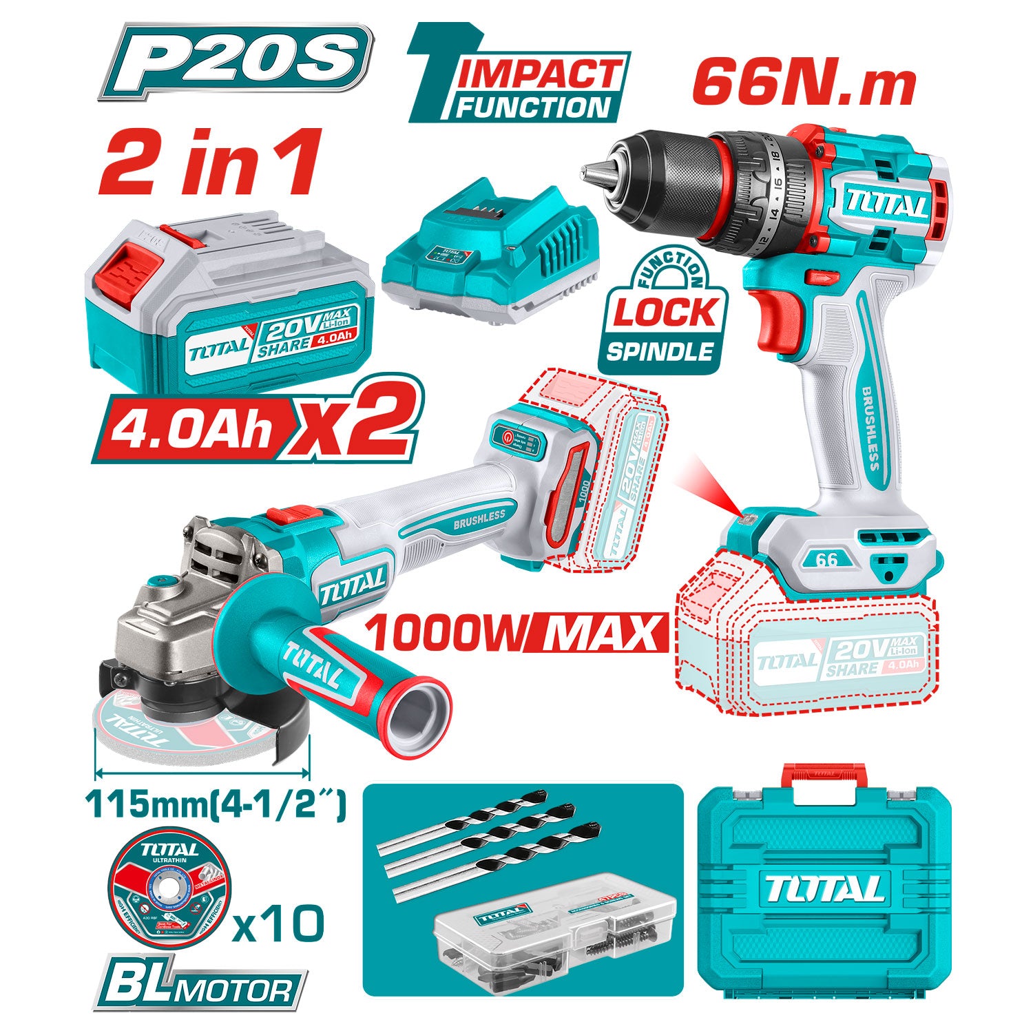 Combo del mes Total Esmeril angular 20V Motor sin escobillas 4-1/2". Taladro Compacto motor sin escobillas 20V 66Nm. Batería y Cargador. POCAS UNIDADES