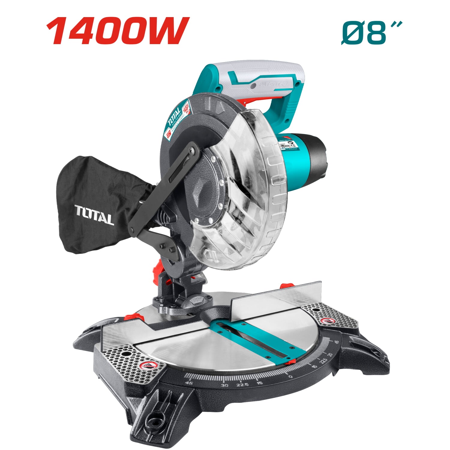 Ingleteadora 1400W diam. de hoja 210mm(8") 5000rpm. Base de alum. Max corte55x120mm. Incluye 1sierra