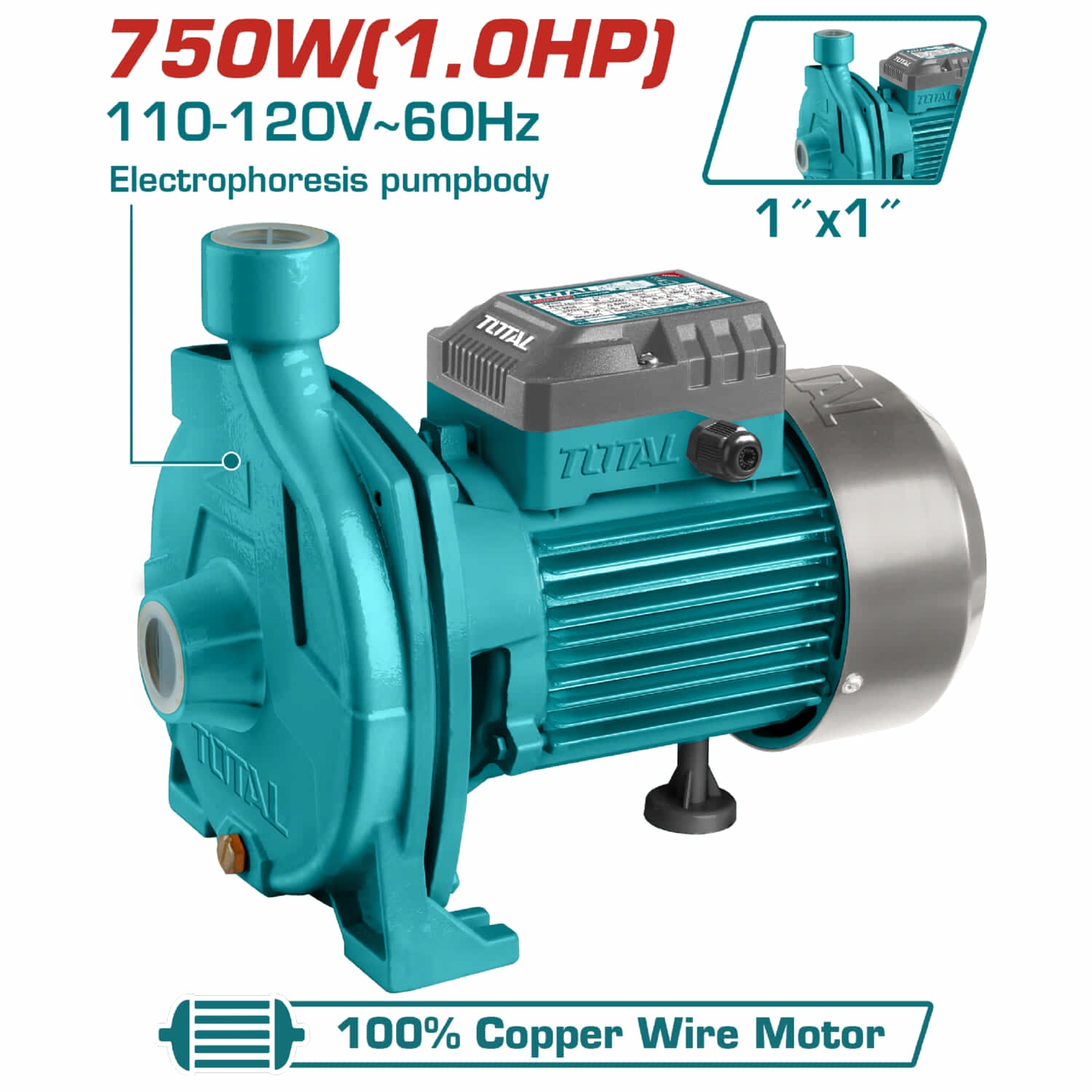 Bomba centrifuga 1HP Max head: 30M 120L/min. Succion 8M para tubo 1". propela inox.110-120V~60Hz. (1