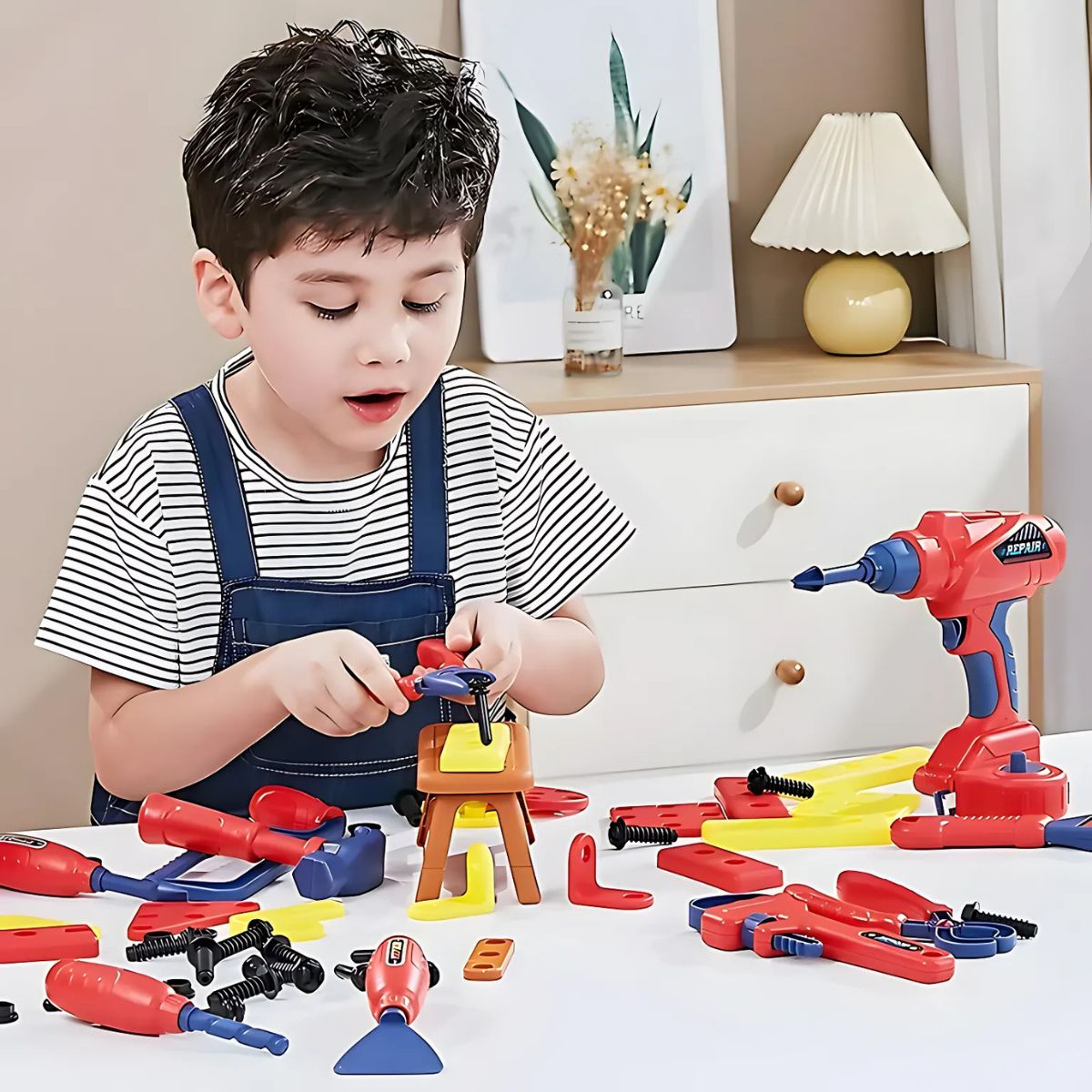 Herramientas de Juguete para Niños. Set de 47 Piezas con Taladro Eléctrico y Casco. Juego de Construcción Educativo.
