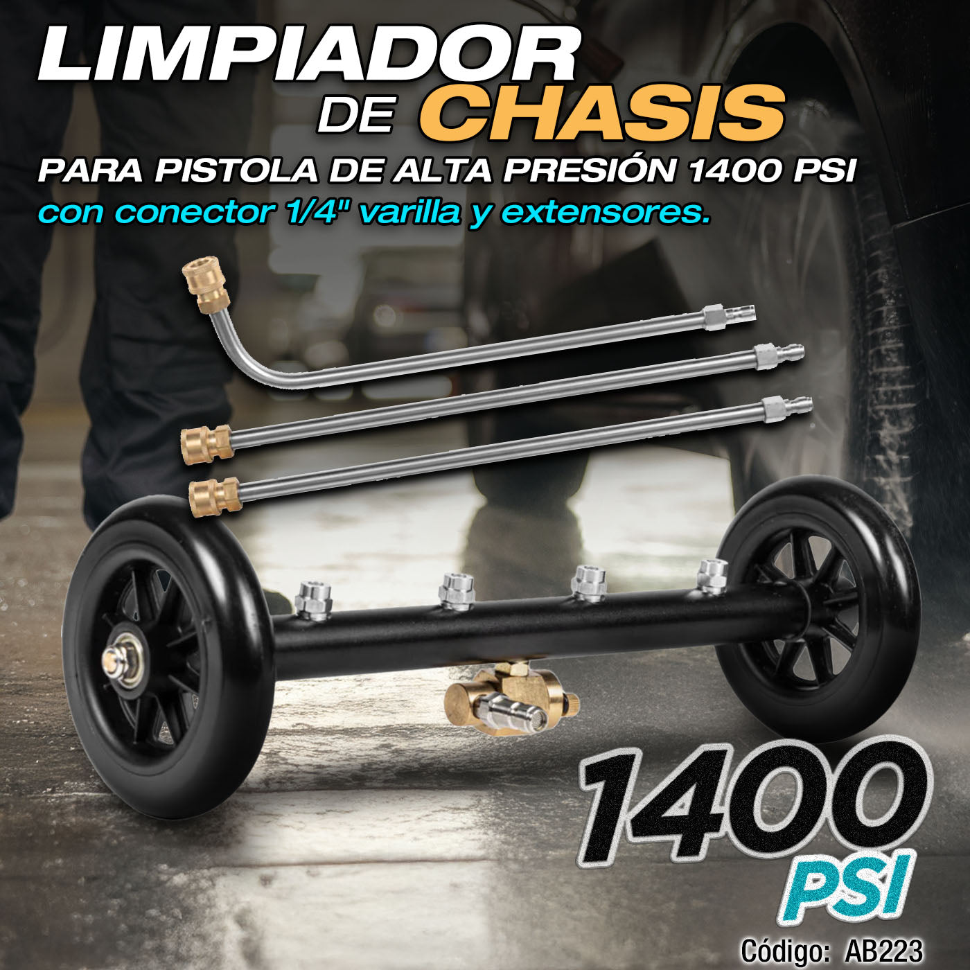 Limpiador de chasis autos Pistola de agua alta presión 1400psi conector 1/4" varilla y extensores. Ideal autos, camiones y patios. Lavador de chasis. Accesorio hidrolavadora