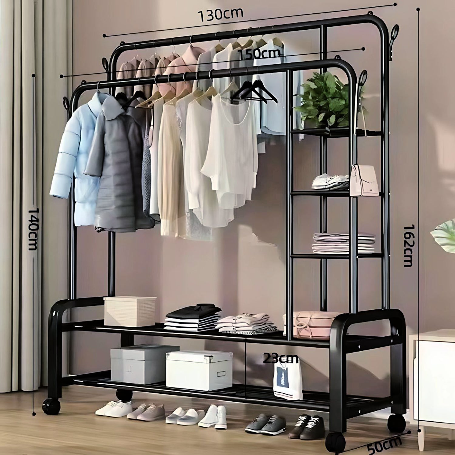 Perchero Rack con Ruedas para Ropa. Organizador Multifuncional para Dormitorio. 162x110x52cm. armarios closets closet guardarropa. Color Negro