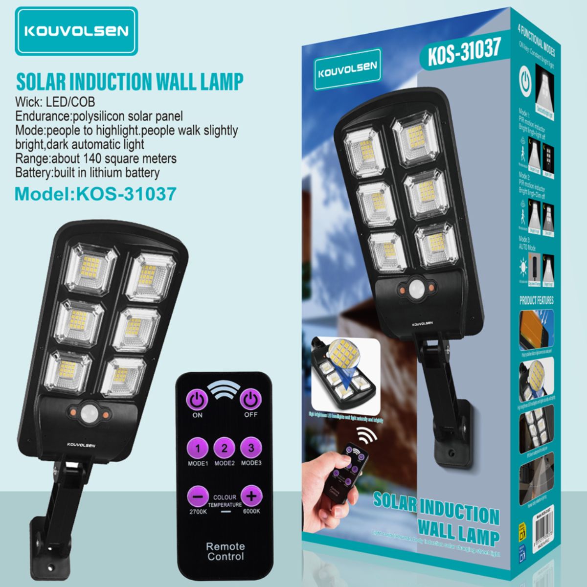 Lámpara Solar LED de Pared con Sensor de Movimiento y Control Remoto. 3 Modos de Iluminación. Luz Exterior.
