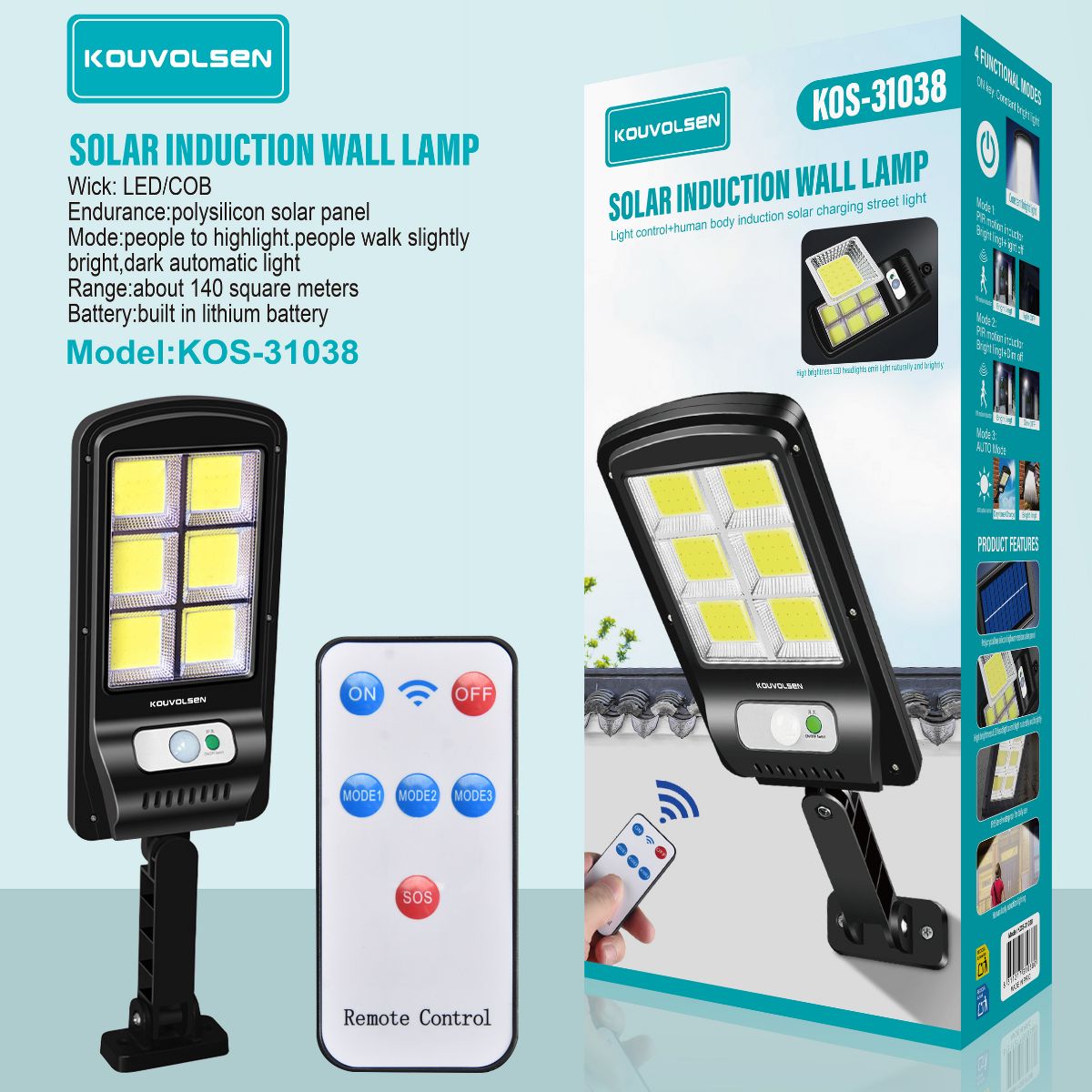 Lámpara Solar LED de Pared con Sensor de Movimiento y Control Remoto. 3 modos de Iluminación. Foco Luz Exterior Impermeable.