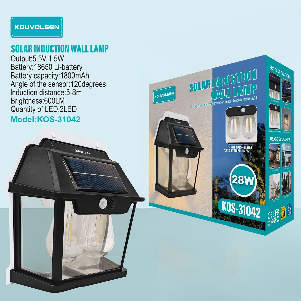 Lámpara Solar LED De Pared Con Sensor De Movimiento. Luz Exterior de 600 Lúmenes. 3 Niveles De Brillo.