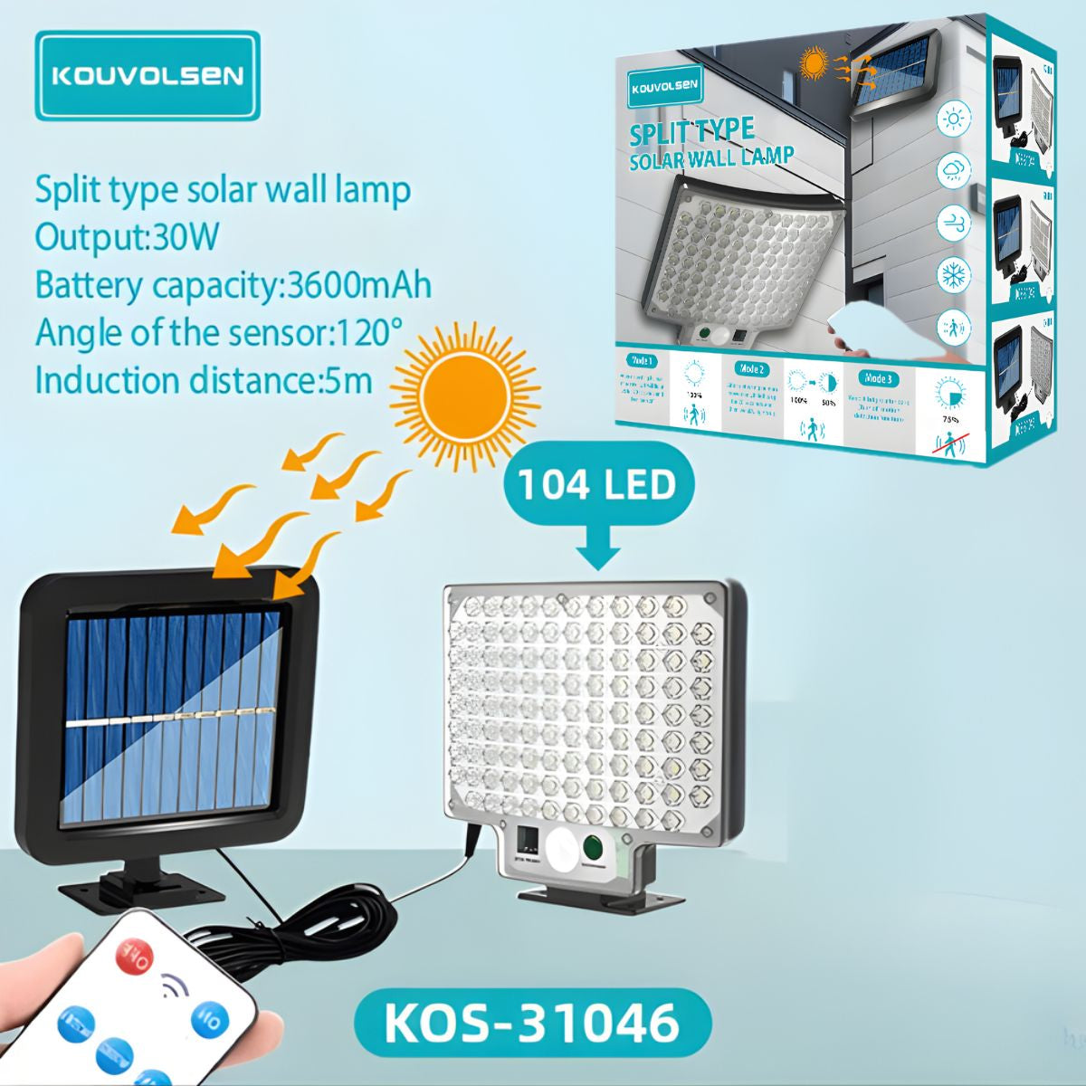 Lámpara Solar LED De Pared Split Con Panel Solar Separado. Luz Exterior De 30W Con Sensor De Movimiento. 104 LEDs. 3 Modos De Iluminación.