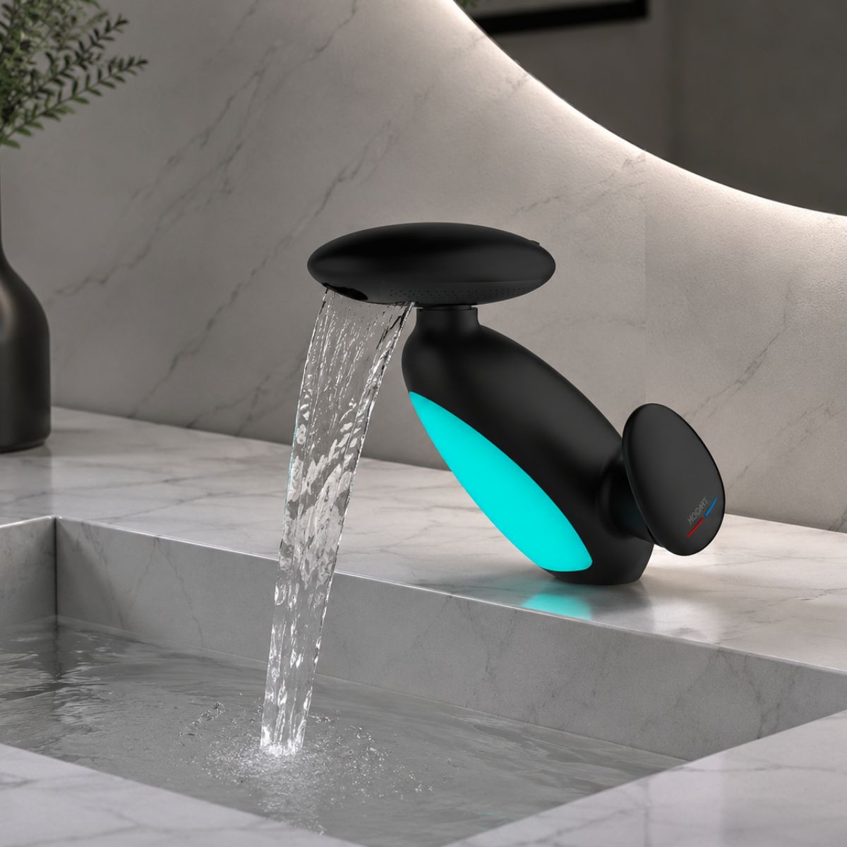 Llave de Lavamanos con Luz LED Indicadora de Temperatura. Grifo Mezclador con 4 Modos de Salida Tipo Cascada y Cabezal Extensible para Baño. Color Negro