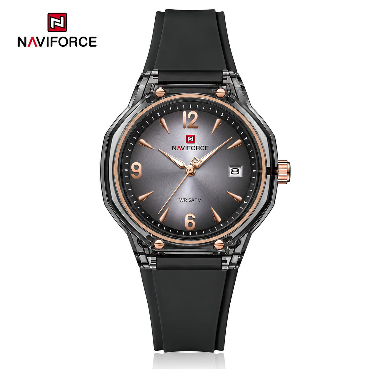 Naviforce Reloj Analógico negro con detalles dorados con Correa de Silicona, Diámetro de 36 mm, Cristal Acrílico HD y Resistencia al Agua 5 ATM