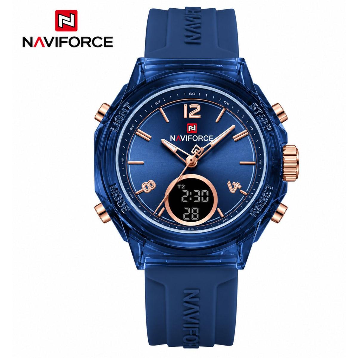 Naviforce Reloj Analógico y Digital Azul Oscuro con Pantalla LCD, Correa de Silicona, Diámetro de 35 mm y Resistencia al Agua 5 ATM.