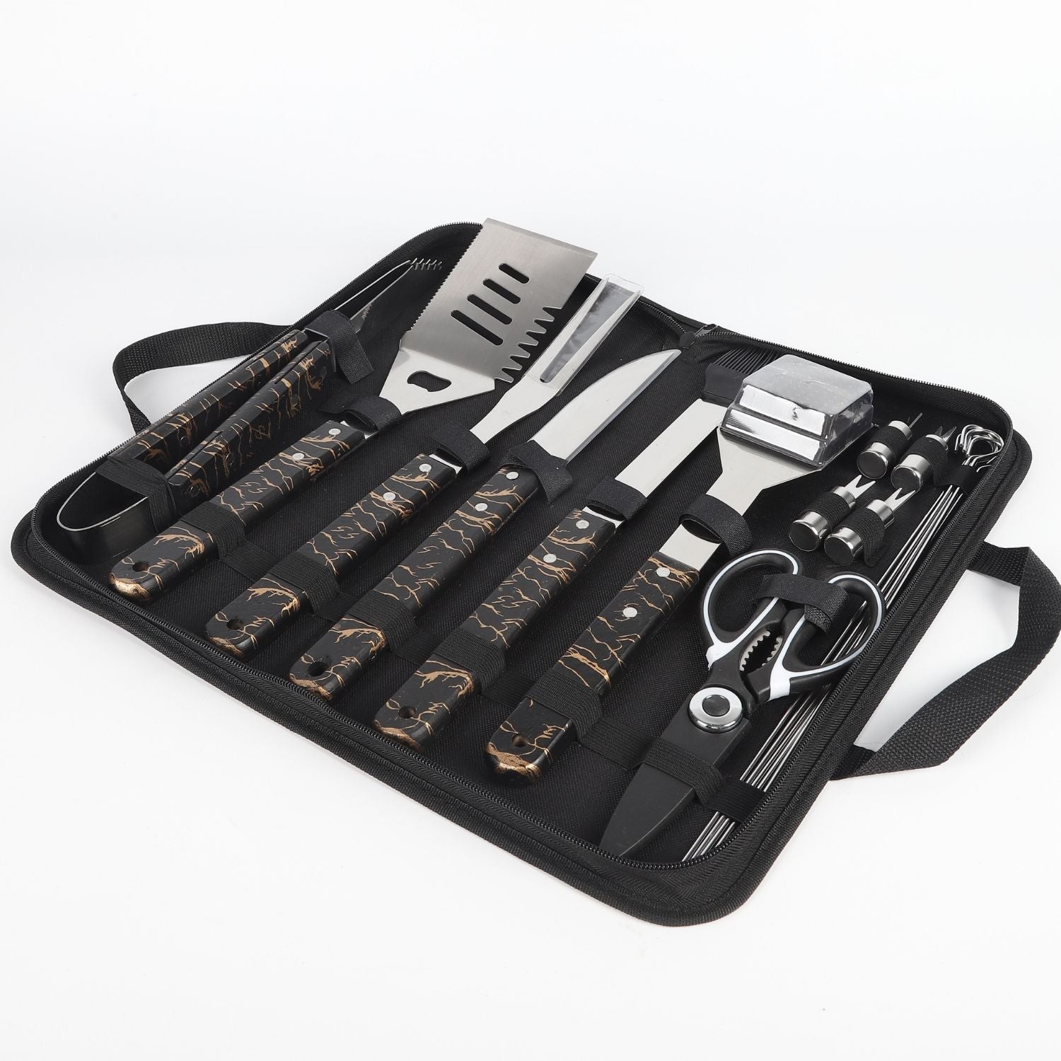 Cubiertos para BBQ Camping al Aire Libre de acero inoxidable con estuche portátil de tela. Set de 18 piezas. Kit de Accesorios para BBQ Parrillada.