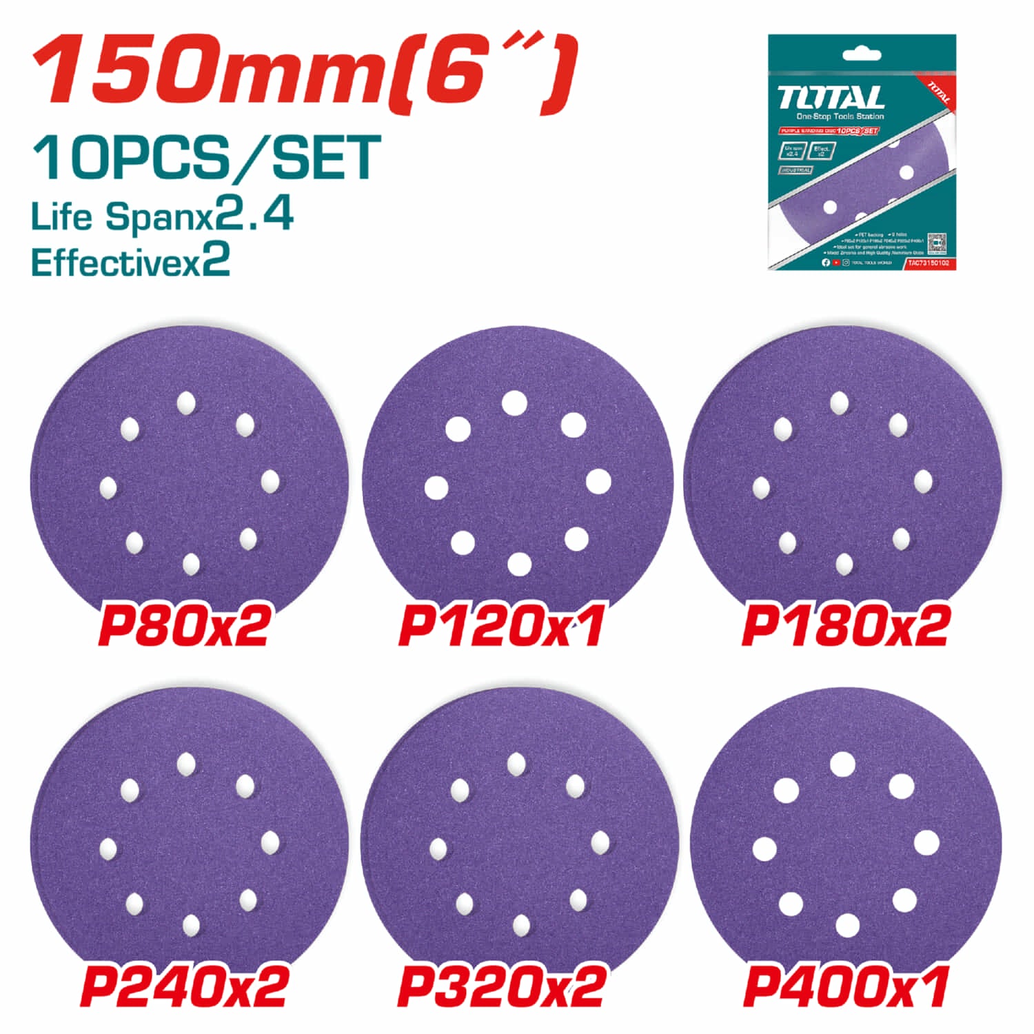 Juego profesional de 10 Discos de Lija para Lijadora de 6" 150mm. P80x2 P120x1 P180x2 P240x2 P320x2