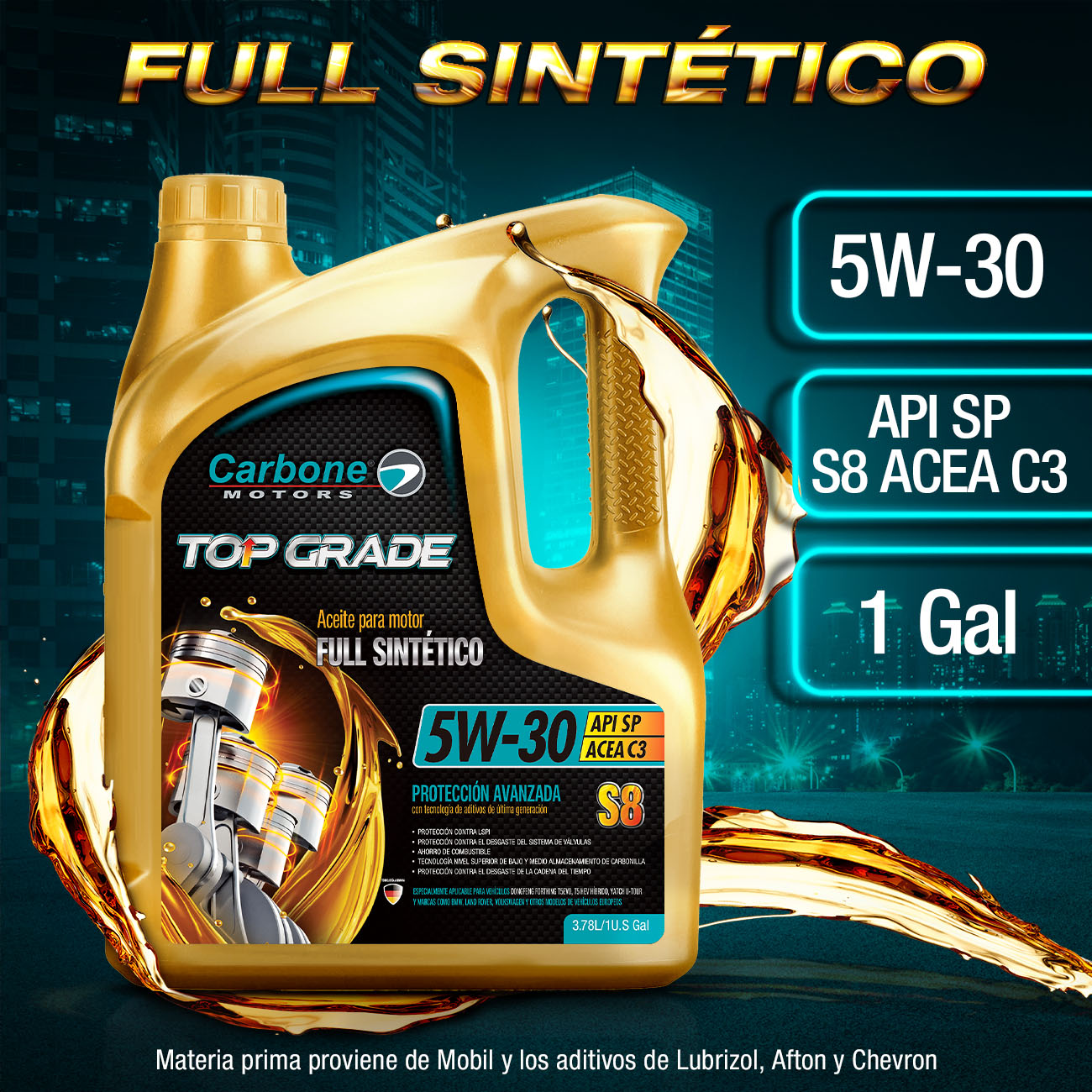 ACEITE DE MOTOR API SP 5W30 FULL SINTÉTICO (TOP GRADE) GASOLINA S8 ACEA C3 CARBONE MOTORS (1 galon)