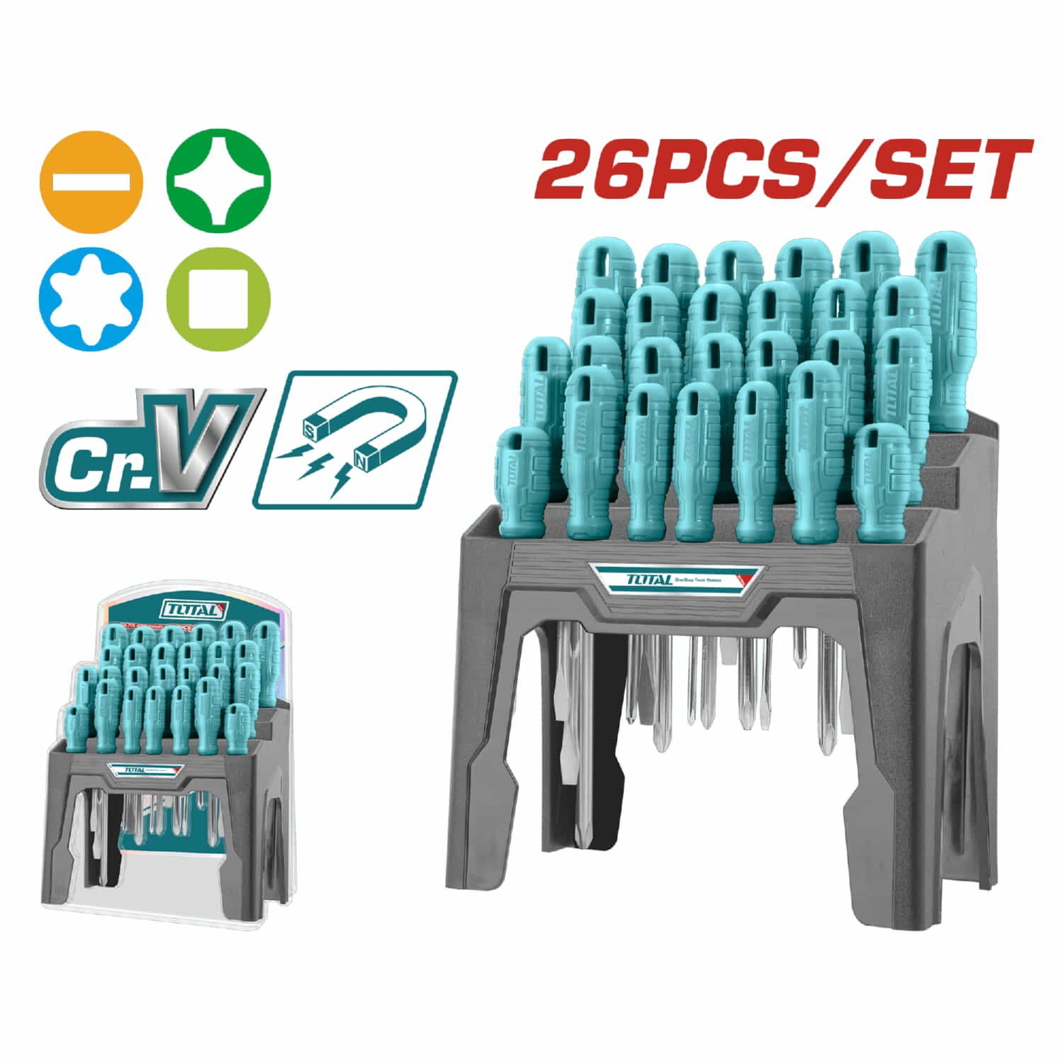 Juego de destornilladores de 26pcs. CR-V. (N1). Blíster. Incluye sostenedor de plástico. Blíster.
