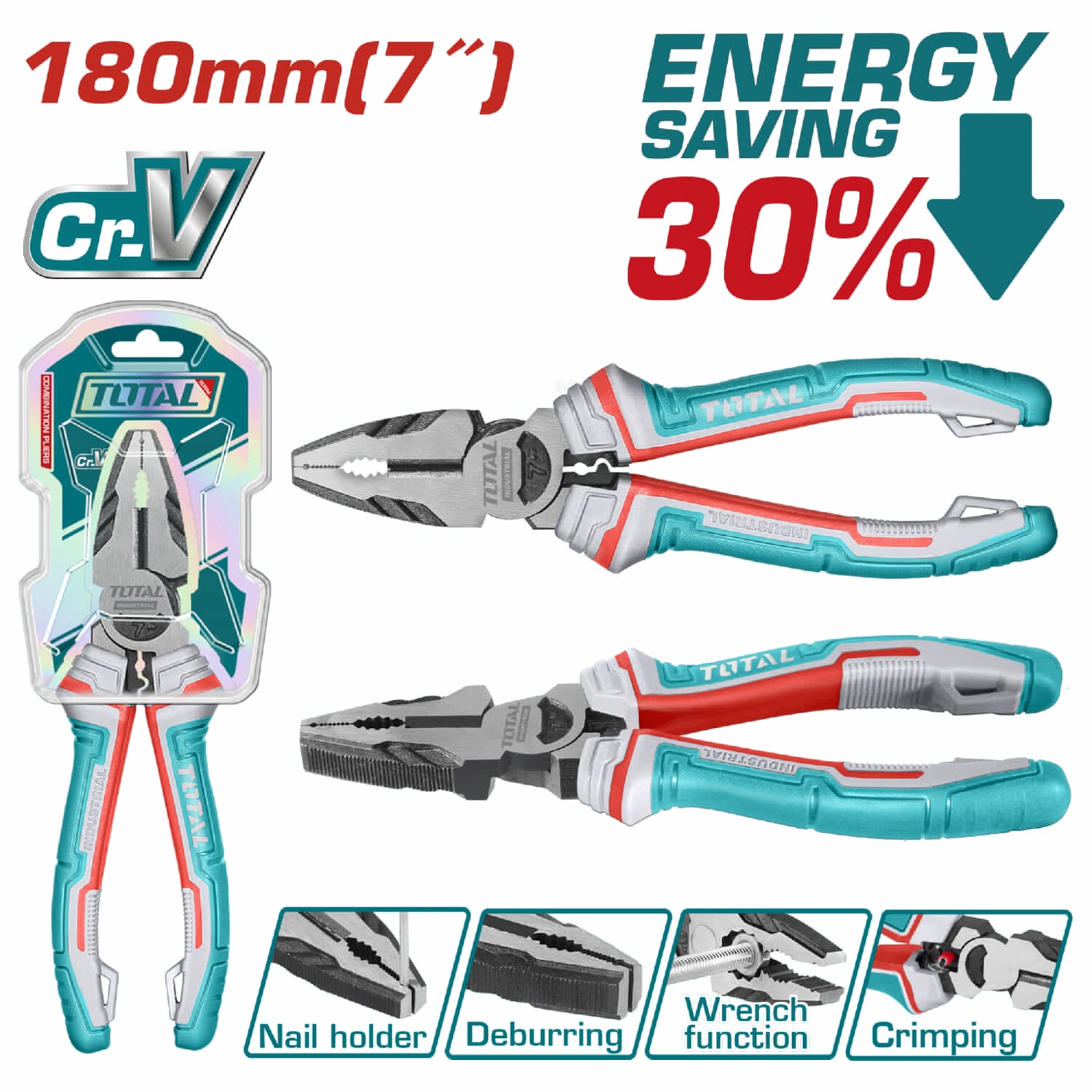 Alicate de combinacion 7"/180mm Cr-V. De alto apalancamiento ahorran el 30% de la fuerza aplicada.