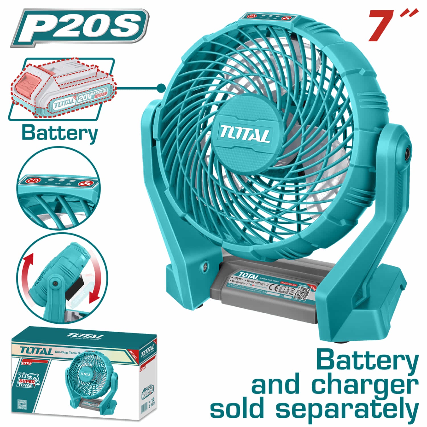 Abanico 7" de Bateria Lithium-ion 20V inalámbrico TOTAL