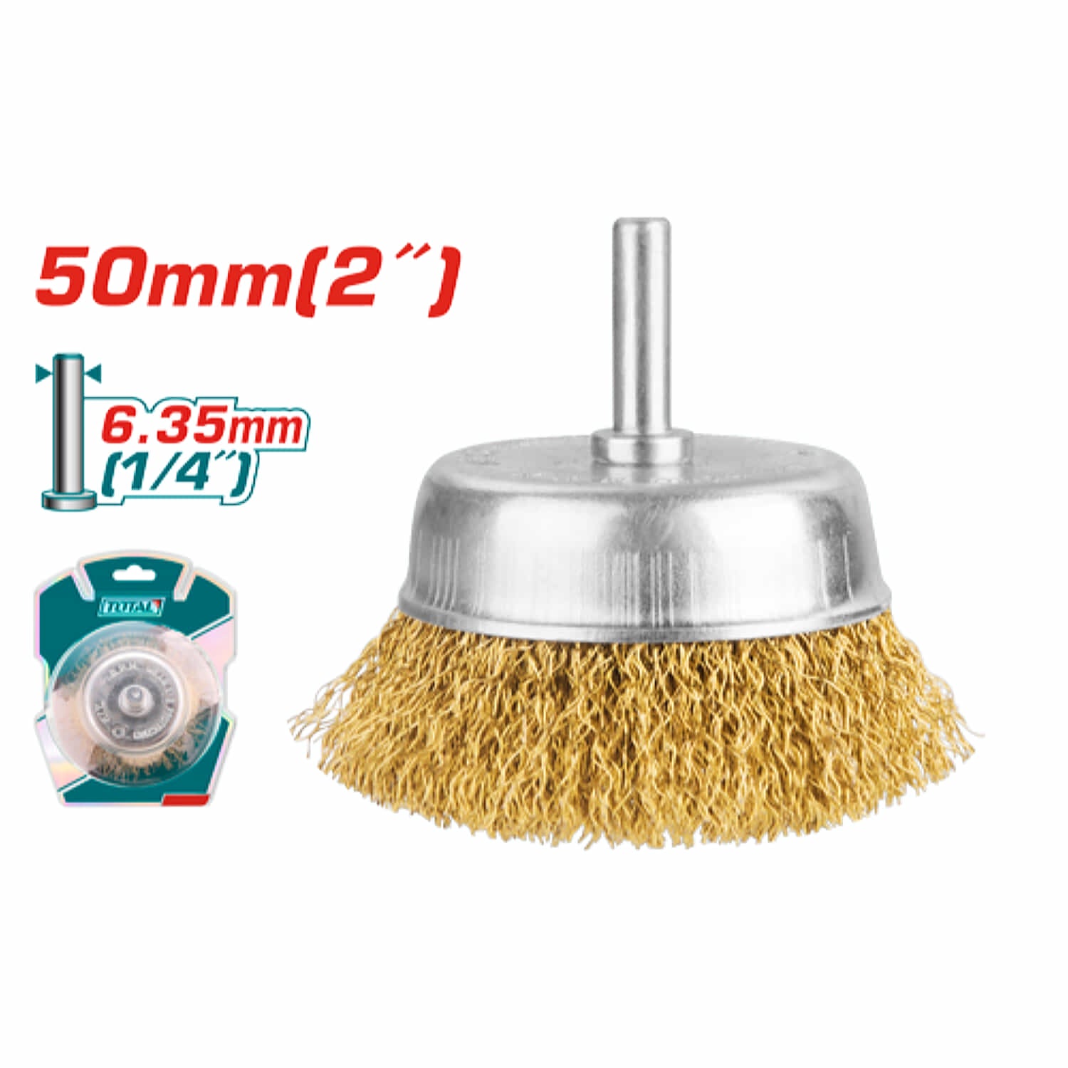Cepillo de alambre de copa circular con vastago de 50mm. Para taladro. Diámetro del vastago: 6.35 mm
