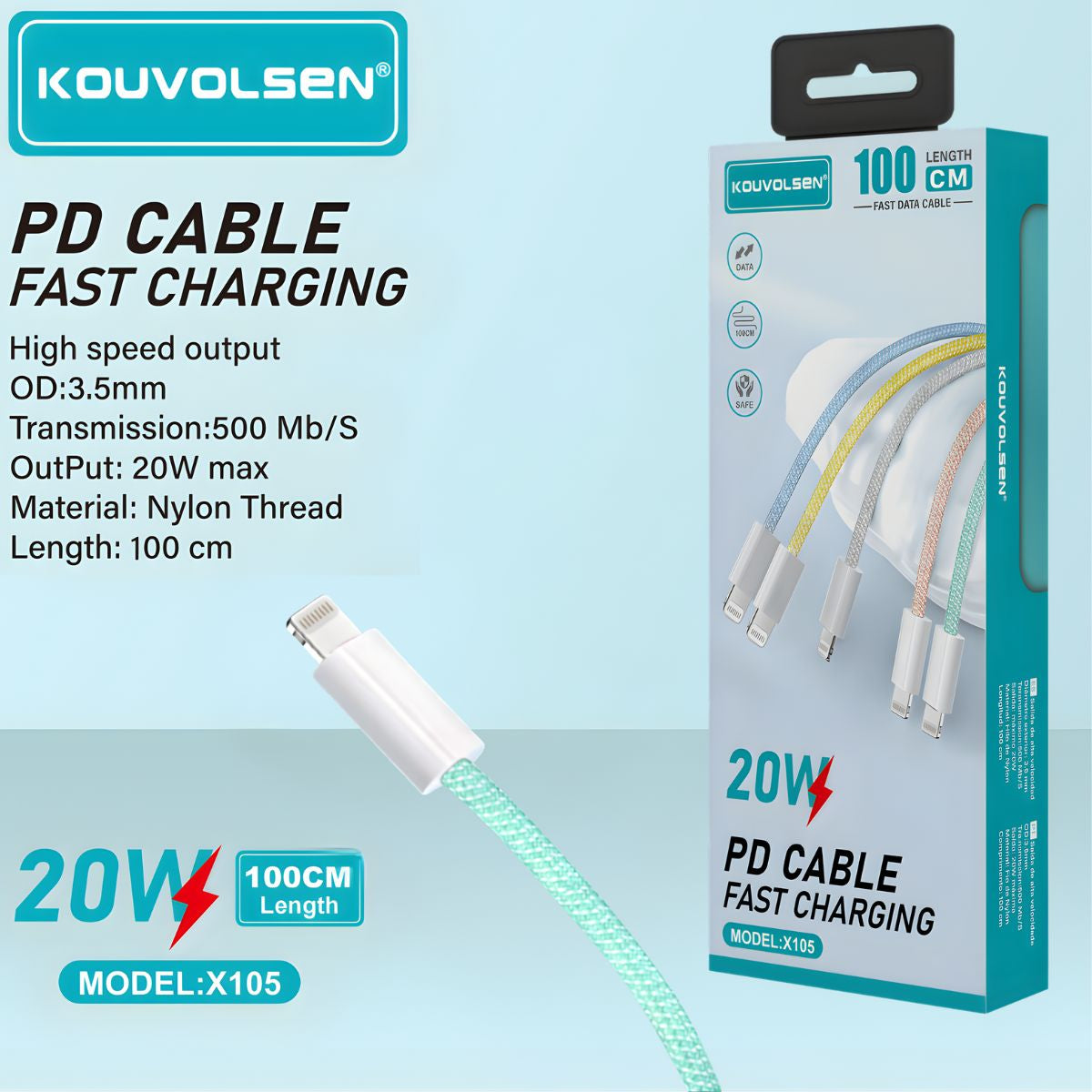 Cable Tipo-C A Lightning De Carga Rápida 20W Y Transferencia De Datos. Color Verde. Longitud De 1 Metro.
