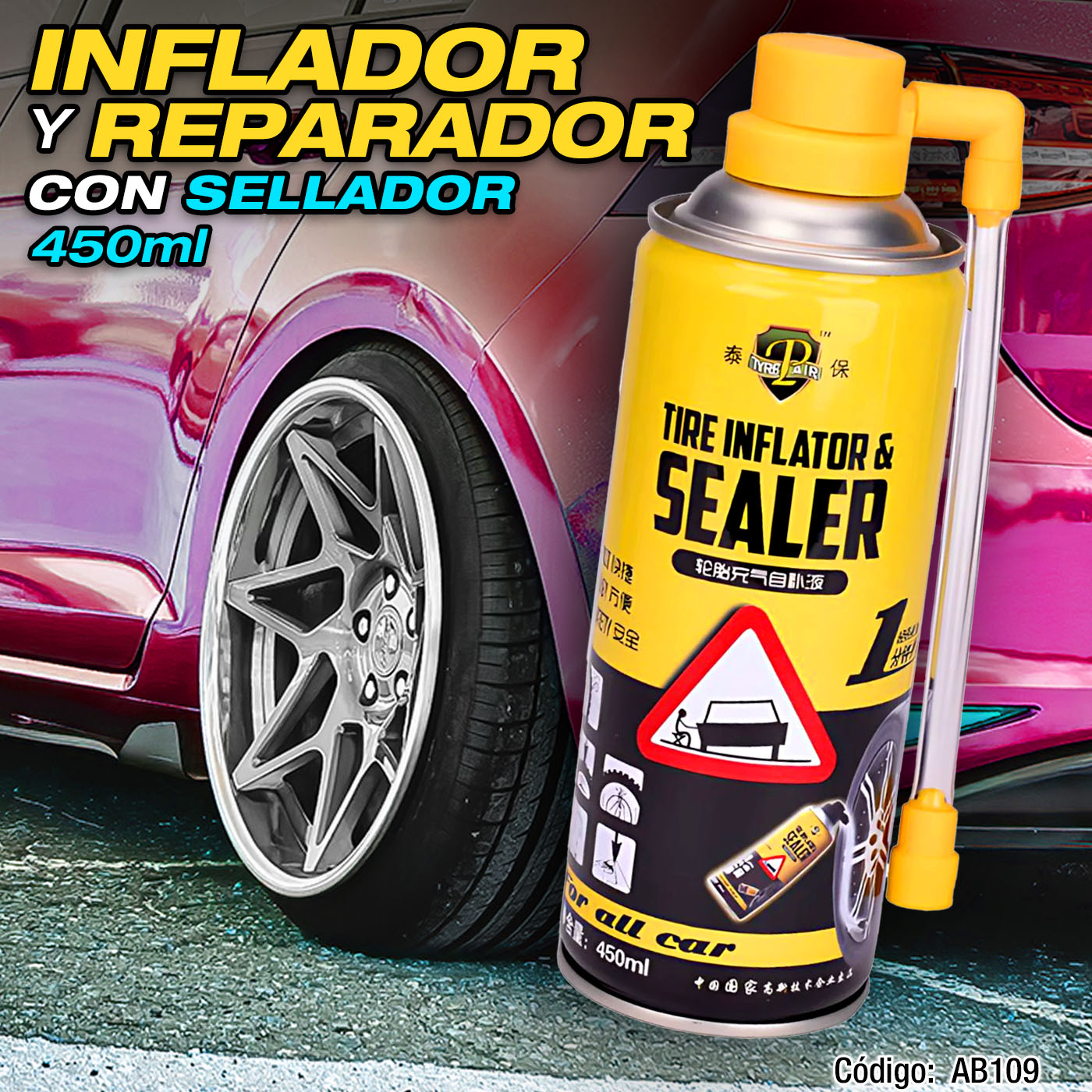 Inflador y Reparador de Llantas neumaticos con Sellador 450ml. Aire comprimido.