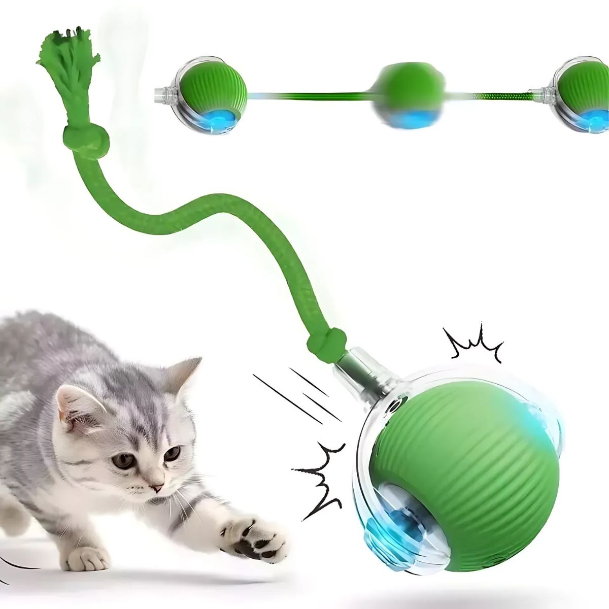 Juguete para Gatos. Pelota con Movimiento Automático y Cuerda. 3 Modos de Juego.