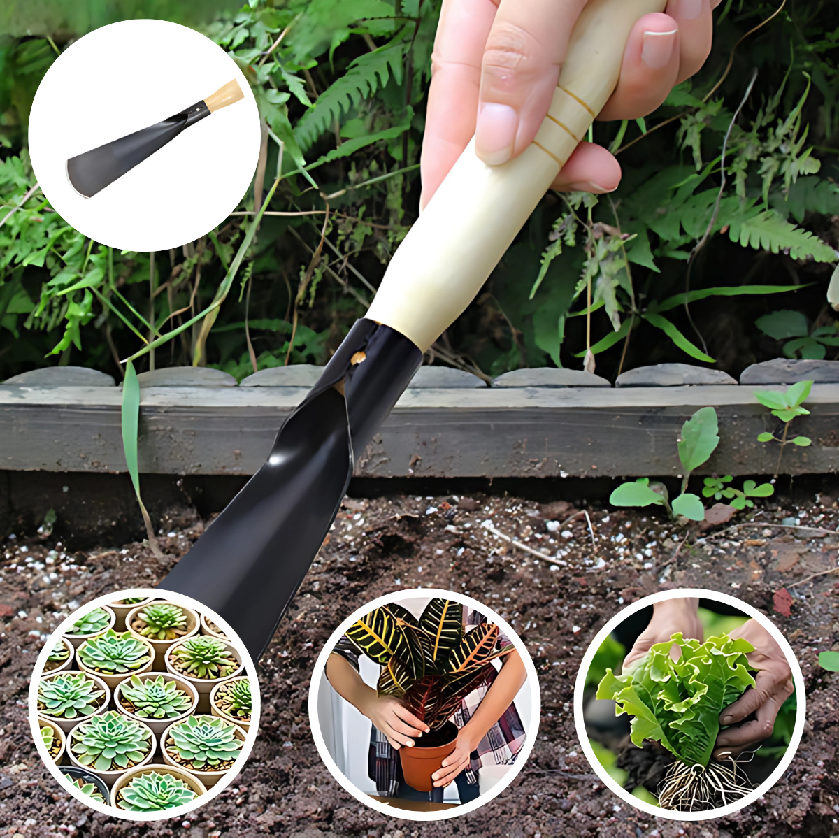 Pala de Jardinería Multiusos con Mango de Madera. Ideal para Sembrar Plantas, Suculentas y Huertos. Resistente y Punta Plana.