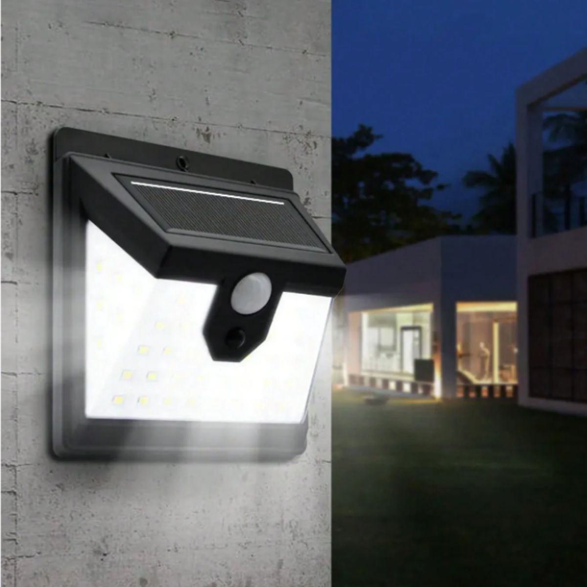 Lámpara Solar LED Exterior con Sensor de Movimiento. Luz foco solar para Jardín con 3 modos de luz. Cobertura de hasta 35m².