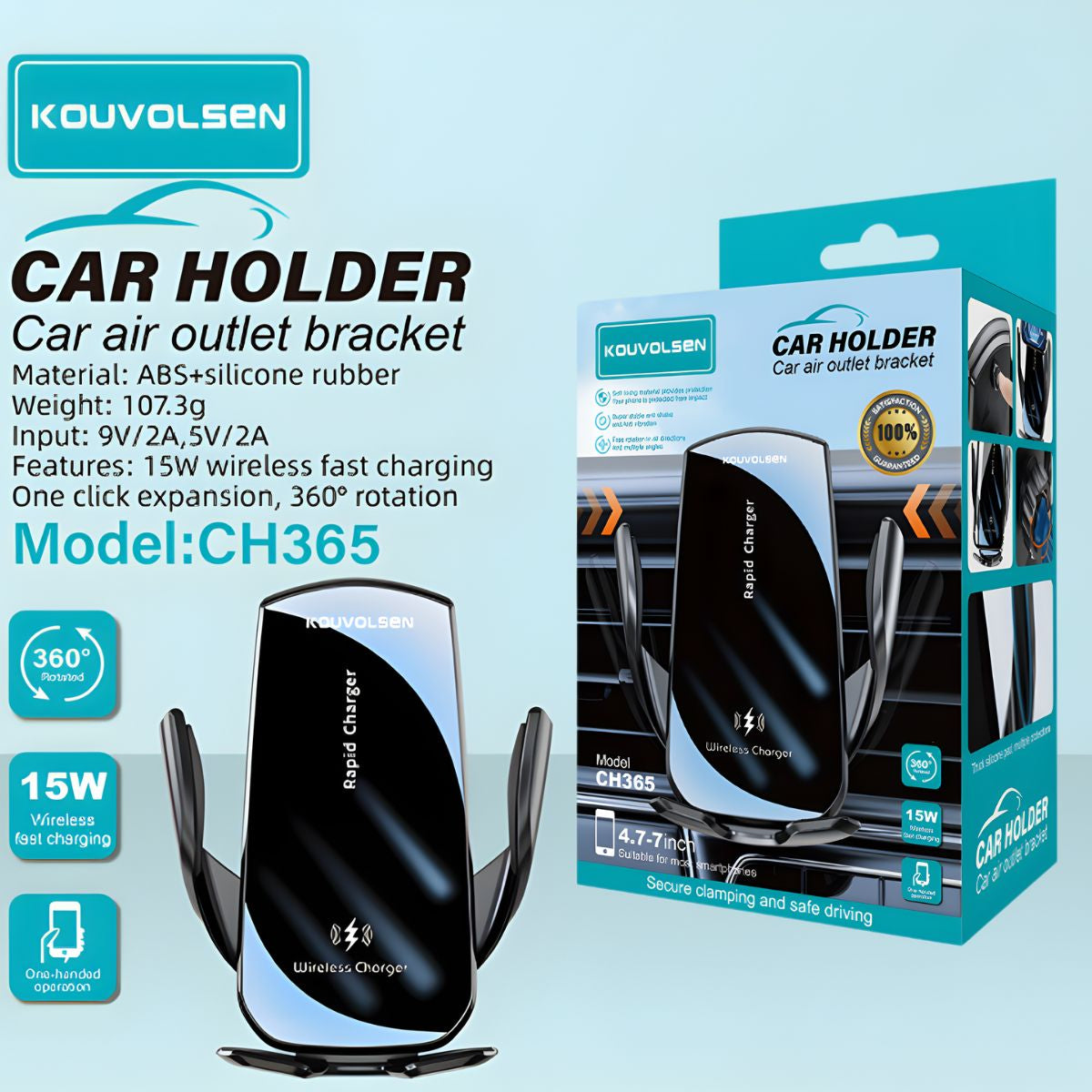Soporte Para Celular Con Carga Inalámbrica 15W Para Auto. Montaje En Rejilla De Aire Con Rotación 360° Y Sujeción Antivibración.