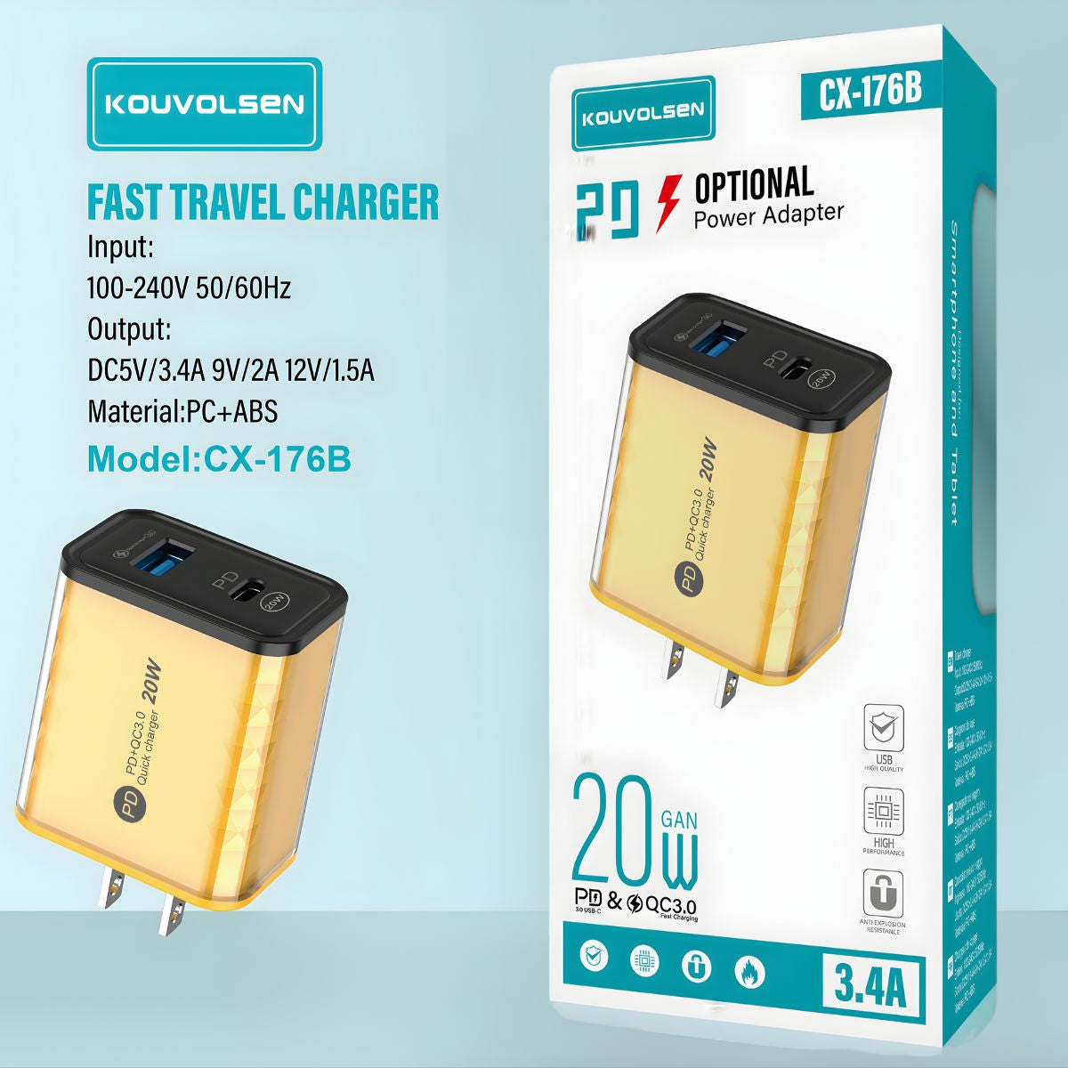 Cargador de Pared 20W con Carga Rápida PD y QC. Cubo Adaptador USB-C y USB con Tecnología GaN para Smartphones y Tablets.