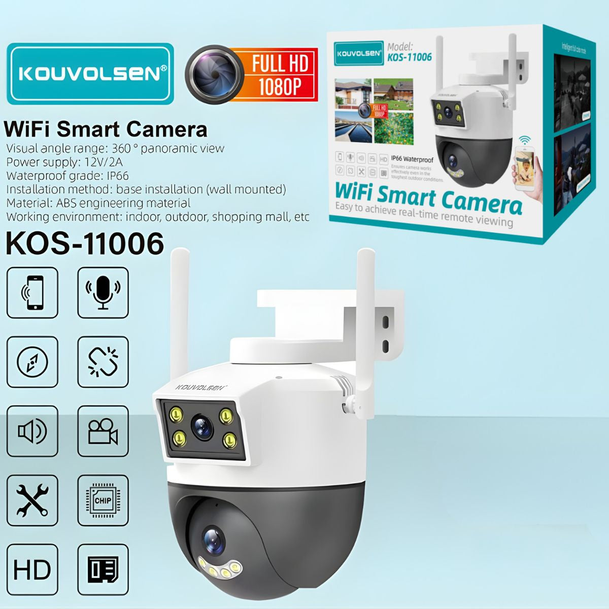 Cámara de Seguridad WiFi Exterior Full HD 1080P IP66 con Visión Nocturna, Audio Bidireccional y Rotación 360°. Cámara de videovigilancia. Funciona con APP V380