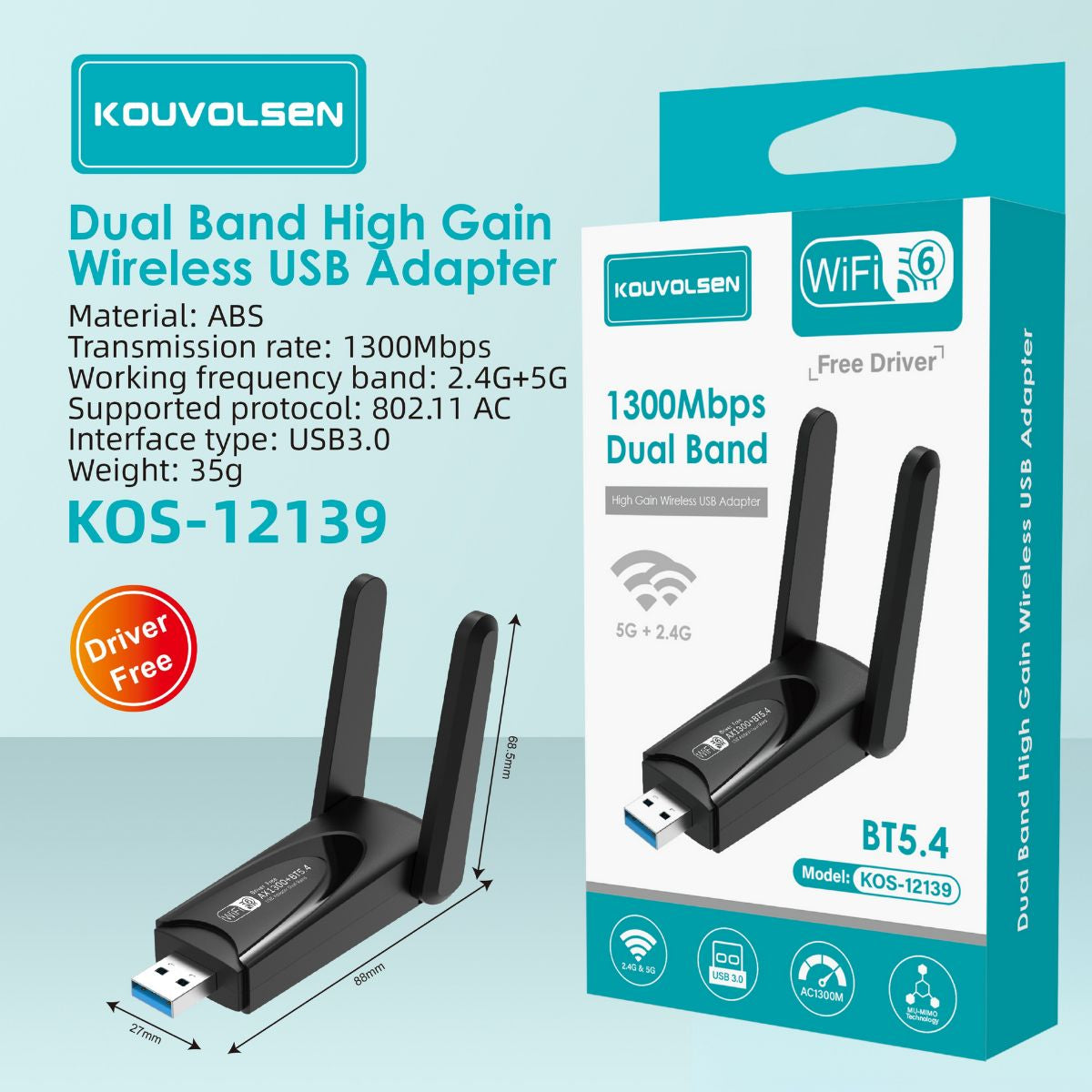 Adaptador USB WiFi Dual Band De Alta Ganancia. Receptor Inalámbrico 1300Mbps 2.4G/5G Con Antenas Externas Y USB 3.0