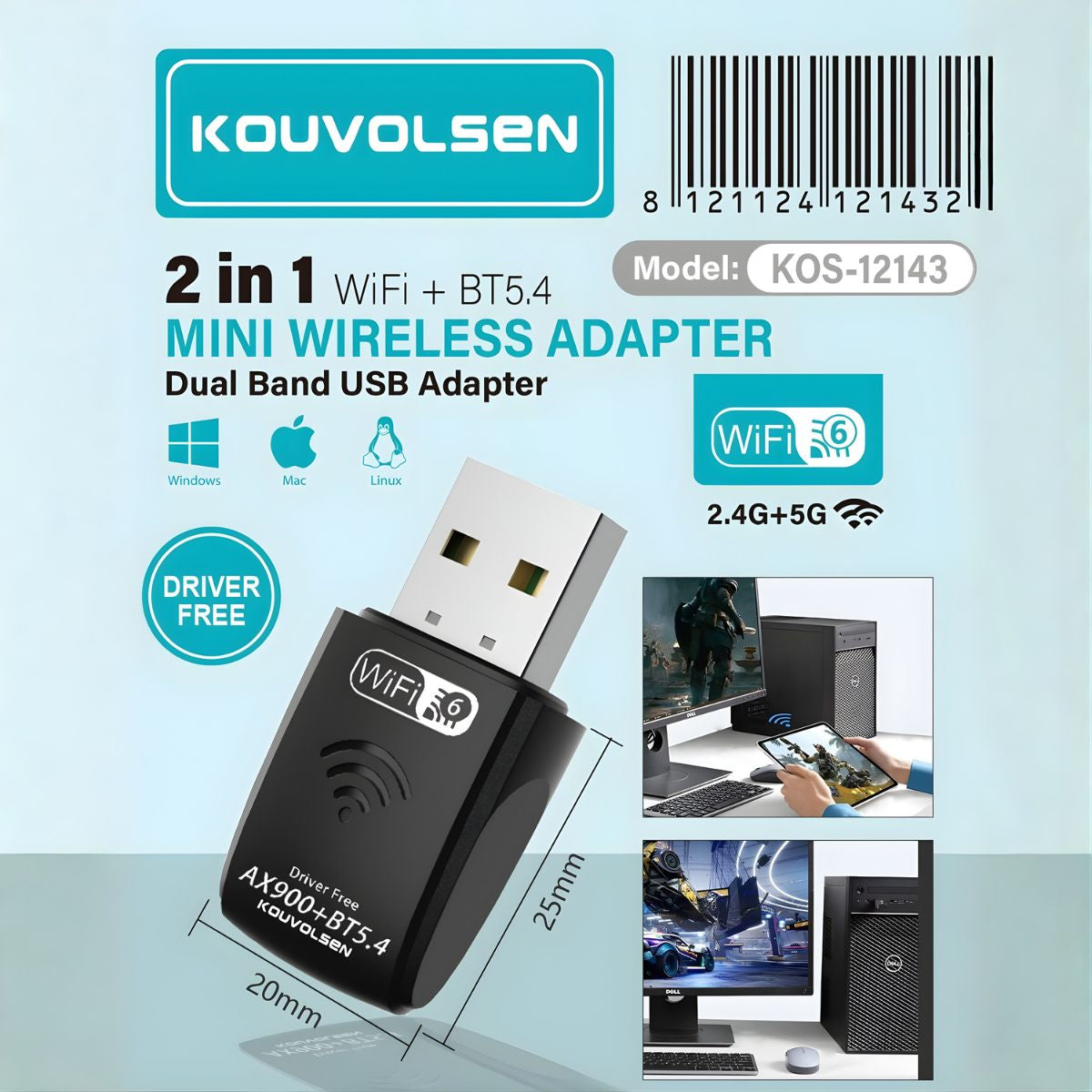 Adaptador USB WiFi Dual Band + Bluetooth 5.4. Mini Receptor Inalámbrico WiFi 6 (2.4G/5G). AX900. Para PC y Laptop.